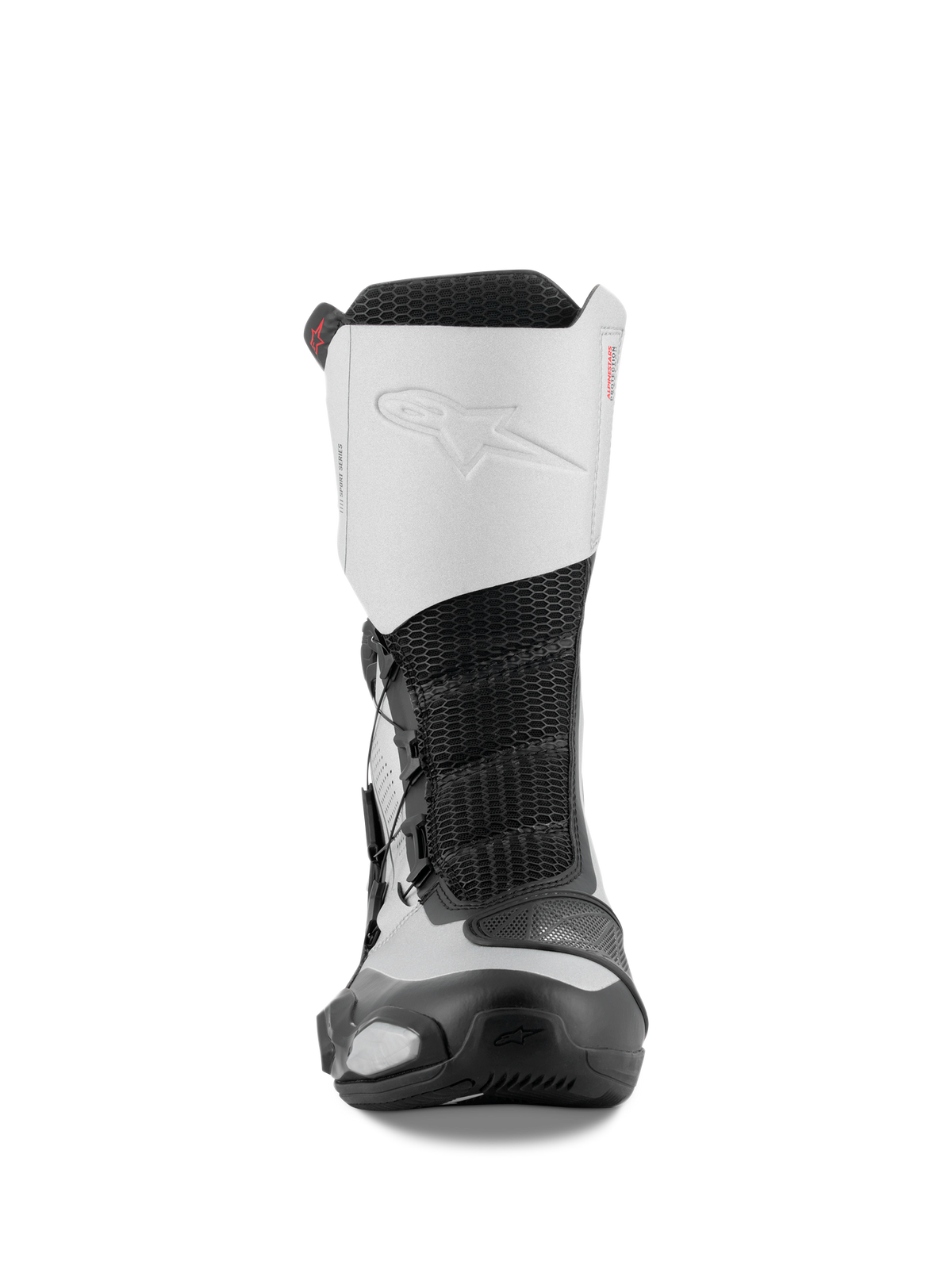 Stivali Alpinestars SP-X BOA, vista frontale, nero e argento, stivali sportivi da moto a media altezza con tomaia in microfibra bianca e logo in rilievo, inserto centrale in mesh nero e componenti protettivi in TPU