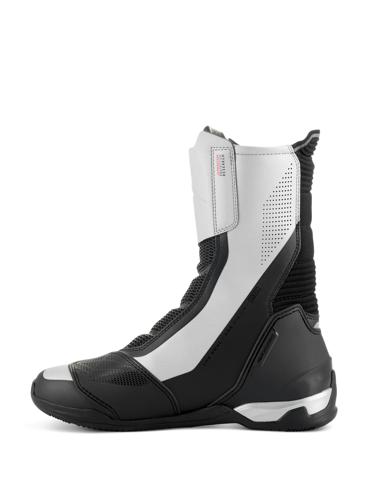 Stivali Alpinestars SP-X BOA, stivali da moto sportivi di media altezza, nero e argento, profilo laterale elegante con pannelli argento e dettagli traforati, contrafforte del tallone in TPU nero e marchio Alpinestars