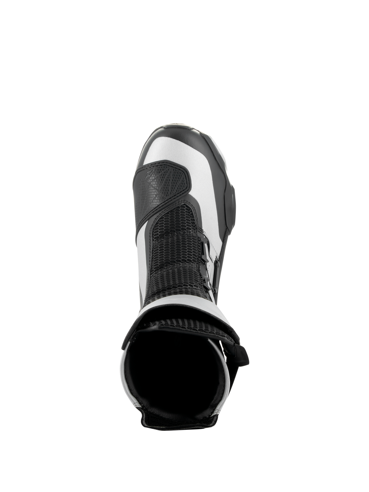 Stivali Alpinestars SP-X BOA, nero e argento, vista dall'alto dell'apertura superiore e della linguetta in mesh, stivali da moto sportivi eleganti di media altezza con costruzione in microfibra avanzata e Rideknit