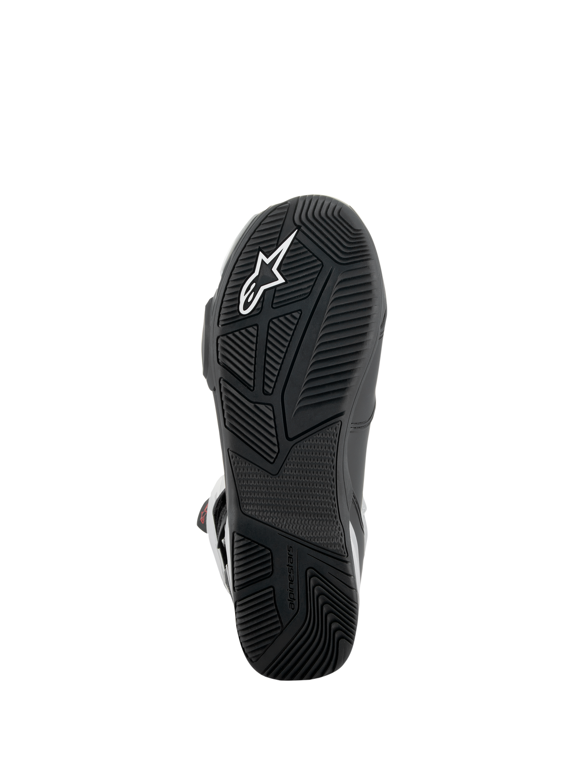 Stivali Alpinestars SP-X BOA®, vista della suola, nero, con suola in gomma testurizzata e logo a stella bianco, design asimmetrico del tallone per la stabilità e battistrada con trama specifica per il grip sulle pedane