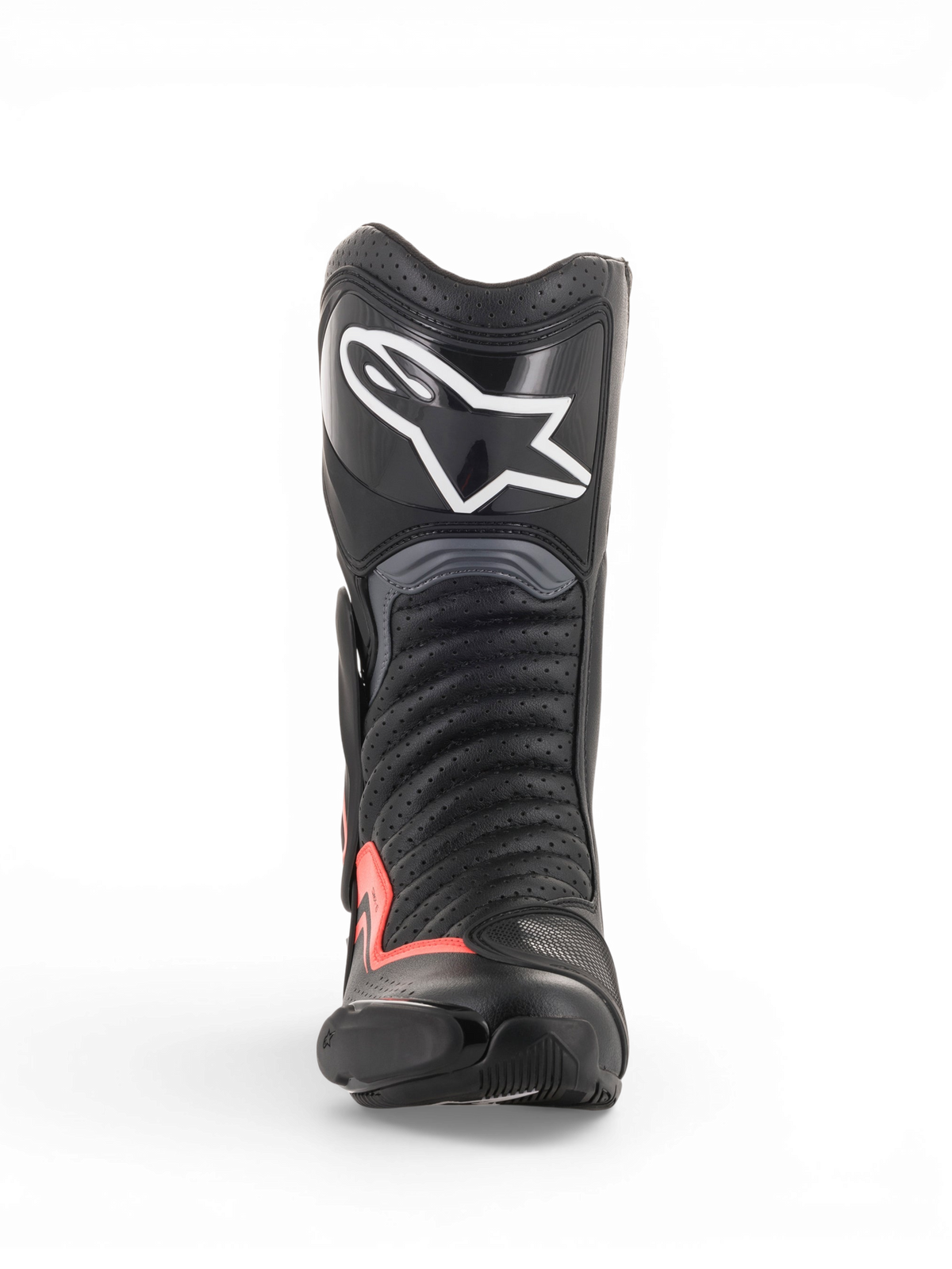 Alpinestars Stivali Vented SMX-6 V2, stivali da moto racing neri e grigi con dettagli rosso fluorescente, vista frontale con tomaia traforata, protezione tibiale e Toe Slider