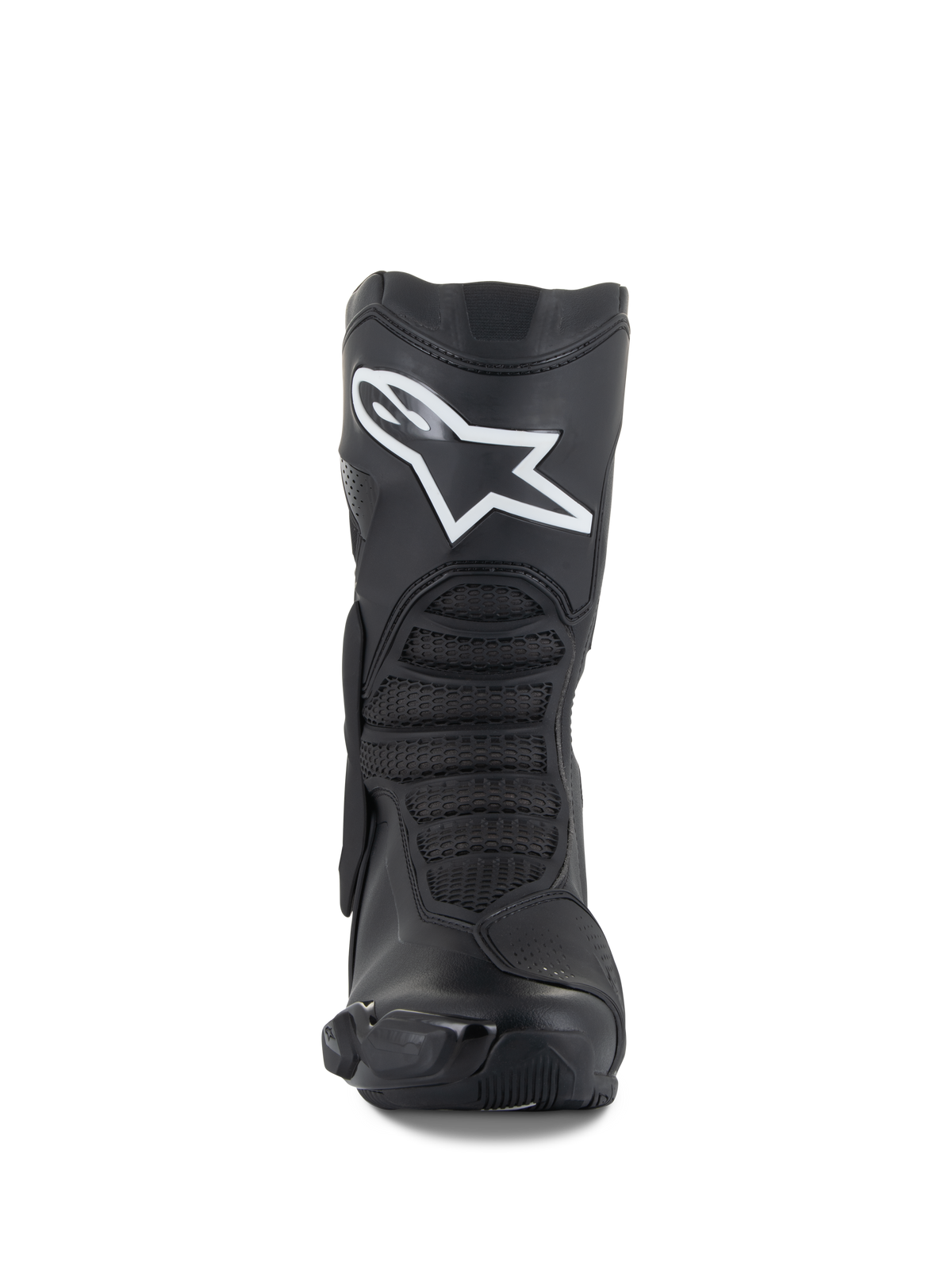 Stivali Alpinestars SMX-6 V3, nero, stivali da moto performanti, vista frontale con un prominente logo Astar bianco sullo stinco, zone di flessione anteriori testurizzate ed eleganti elementi protettivi in TPU