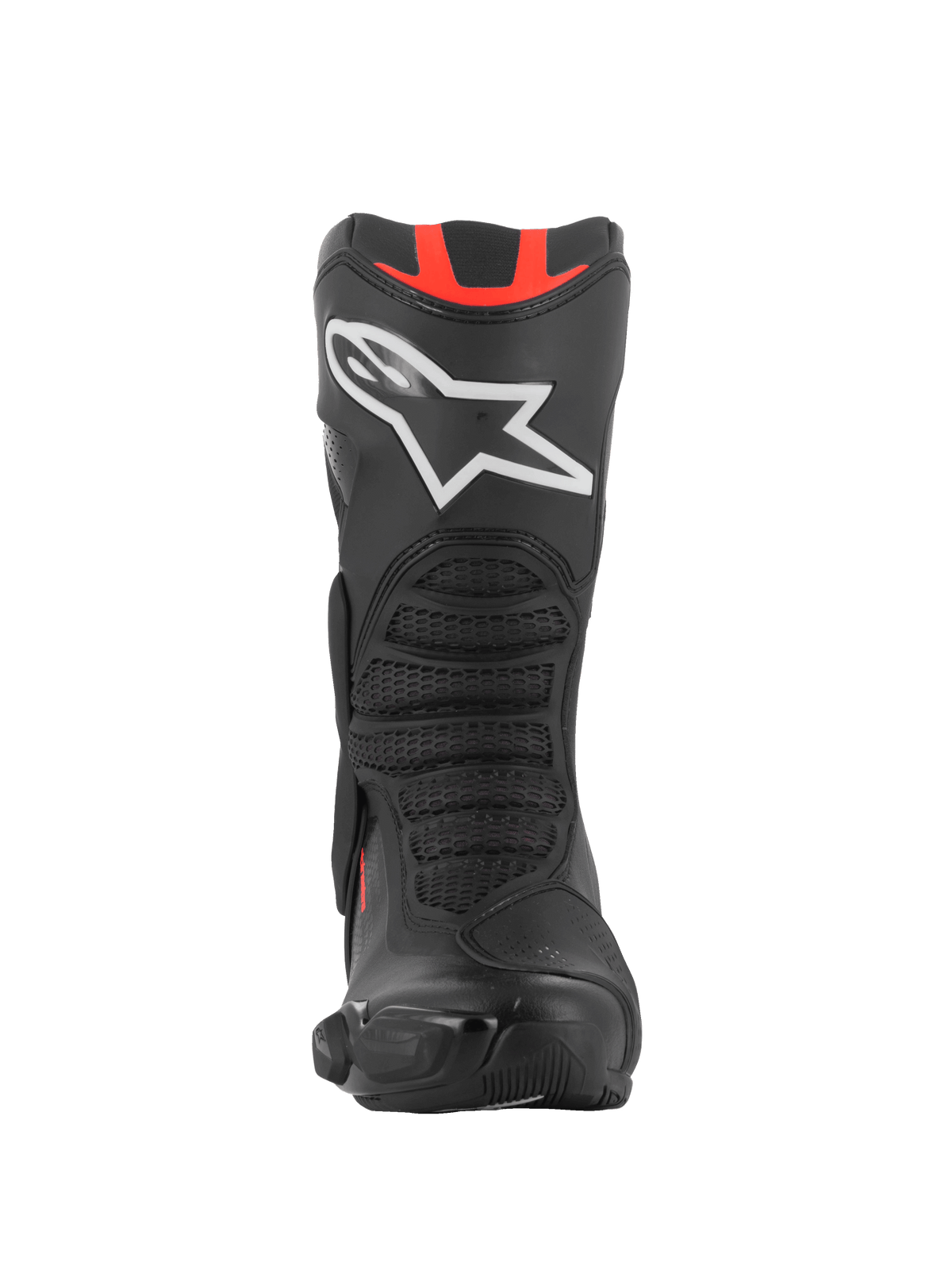 Alpinestars SMX-6 V3 Boots, Performance Motorcycle Boots, Black and Red Fluo, front view featuring a large white star logo on the shin, red accents at the top, and textured protective flex zones.