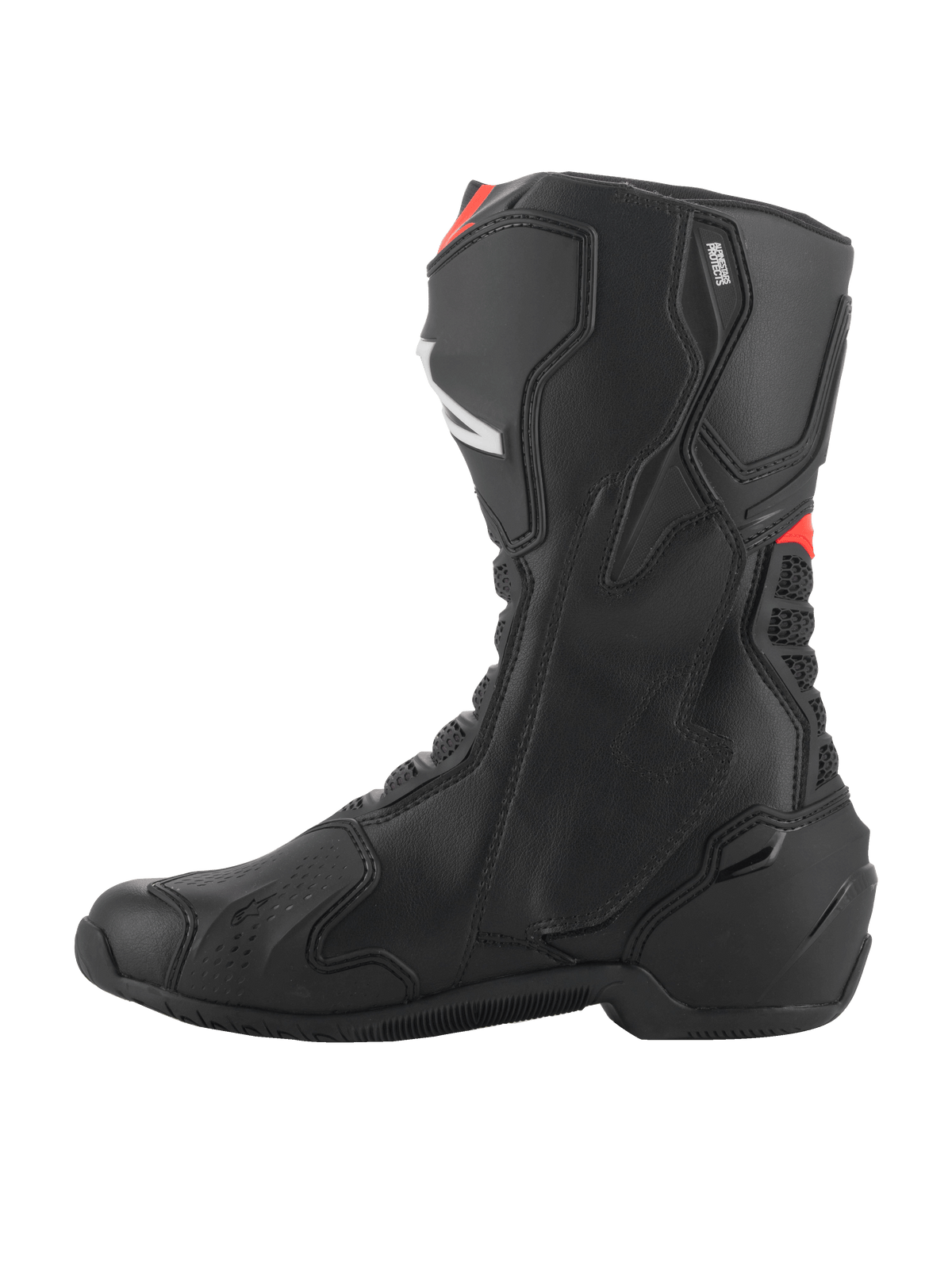 Alpinestars SMX-6 V3 Boots, Motorcycle Performance Boots, Black with Red Fluo accents, side profile view highlighting the microfiber construction, TPU protective panels, and sleek ergonomic design for track and street riding
