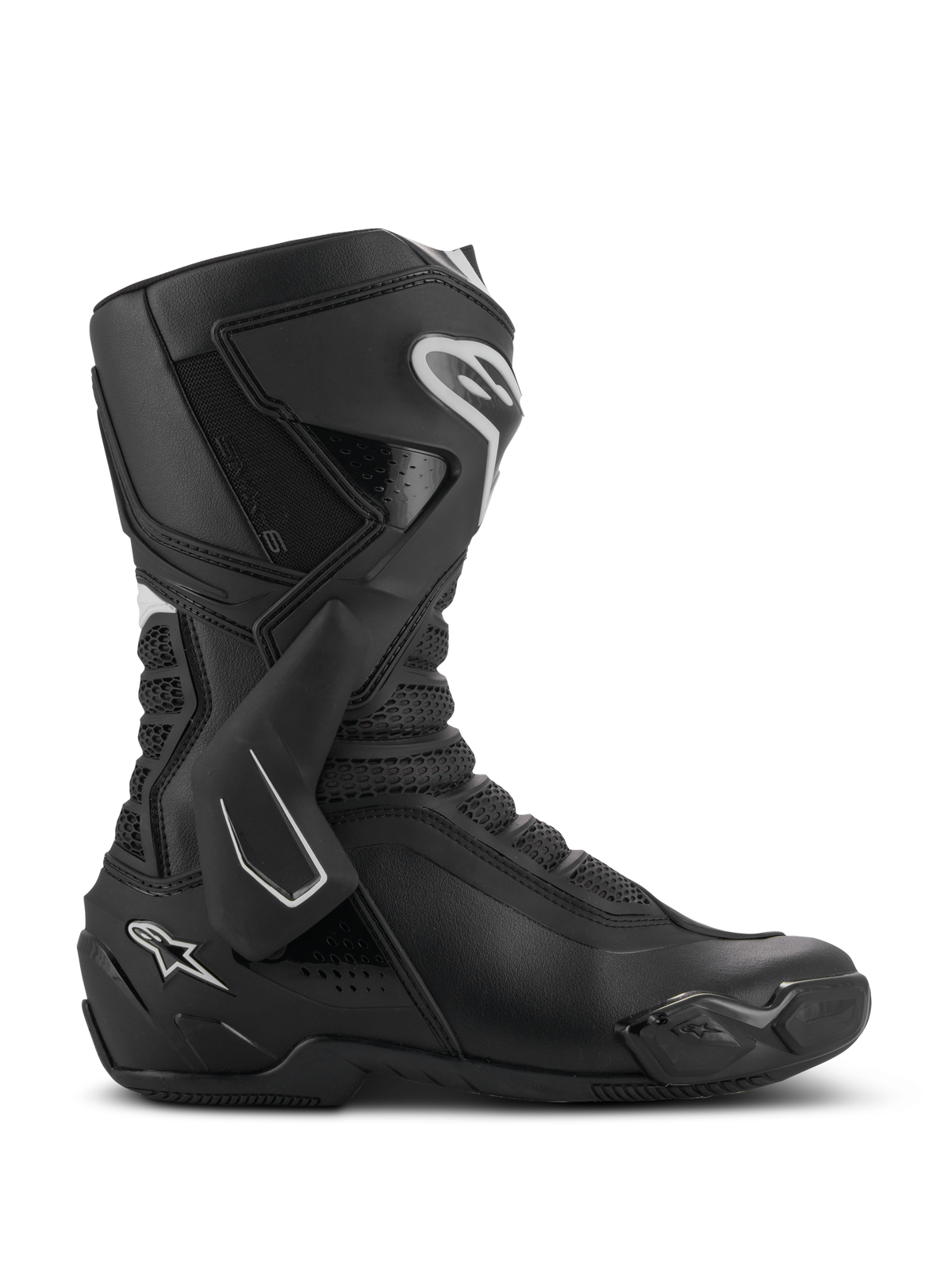 Alpinestars SMX-6 V3, stivali da moto performanti, nero con dettagli bianchi, vista laterale con sistema di supporto della caviglia in TPU, zone di flessione in mesh testurizzato e componenti rinforzati su tallone e punta per prestazioni in pista e su strada.