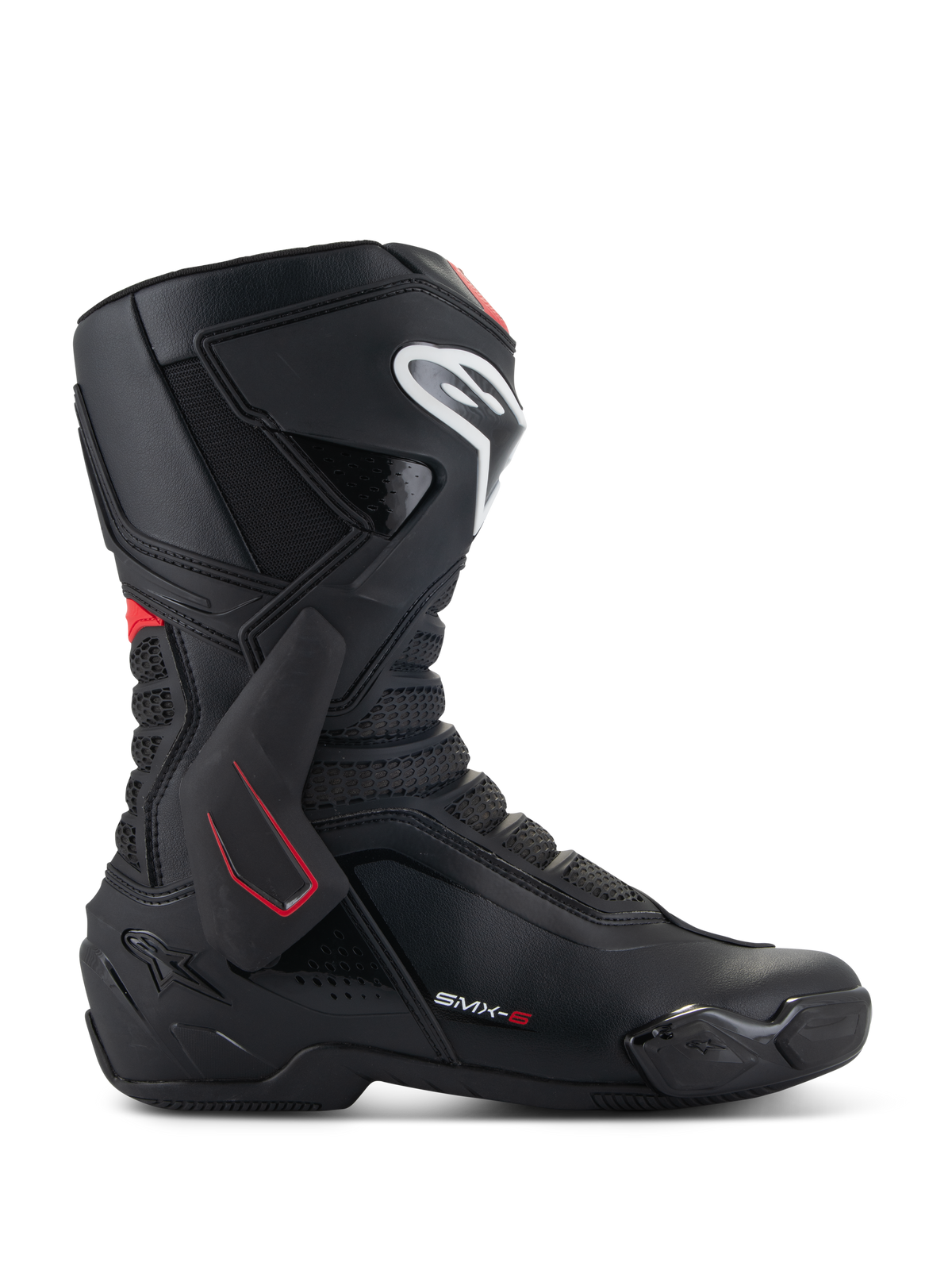 Stivali Alpinestars SMX-6 V3, stivali da moto racing, nero con dettagli bianchi e rossi, vista laterale con protezione caviglia in TPU, logo bianco sullo stinco e zone di flessione in mesh, design sportivo aerodinamico