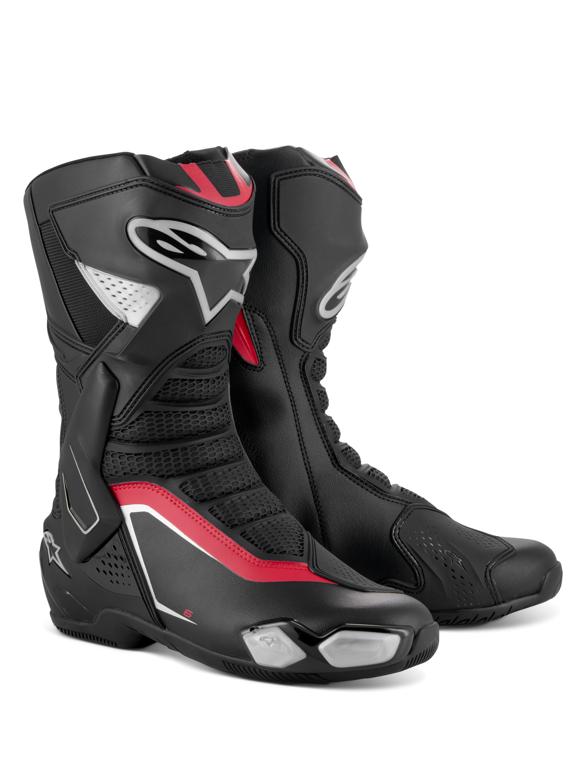 Stivali Alpinestars SMX-6 V3, stivali da moto performanti, nero argento e rosso, caratterizzati da una tomaia in microfibra con protezione in TPU, dettagli rossi e logo Alpinestars sul lato.
