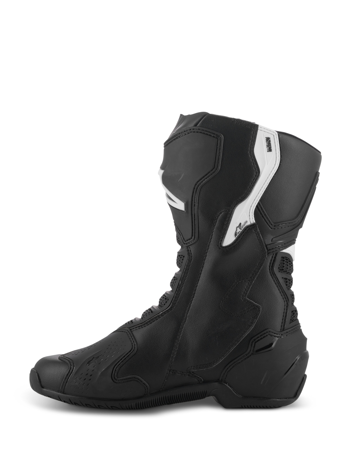 Stivali Alpinestars Stella SMX-6 V3, stivali da moto performanti da donna, nero e bianco, vista laterale mediale con tomaia ergonomica in microfibra, protezioni in TPU per stinco e caviglia, zone in mesh flessibile e design aerodinamico per uso su pista e strada