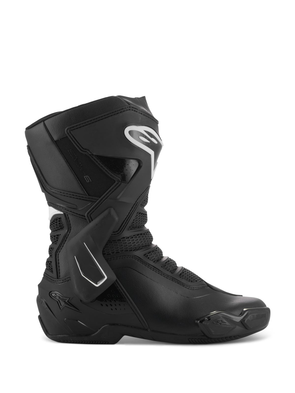 Stivali Alpinestars Stella SMX-6 V3, stivali moto racing da donna, nero e bianco, vista laterale con protezione caviglia in TPU e parastinchi, pannelli in mesh traspirante, logo Alpinestars bianco sul davanti, progettati per prestazioni in pista e su strada