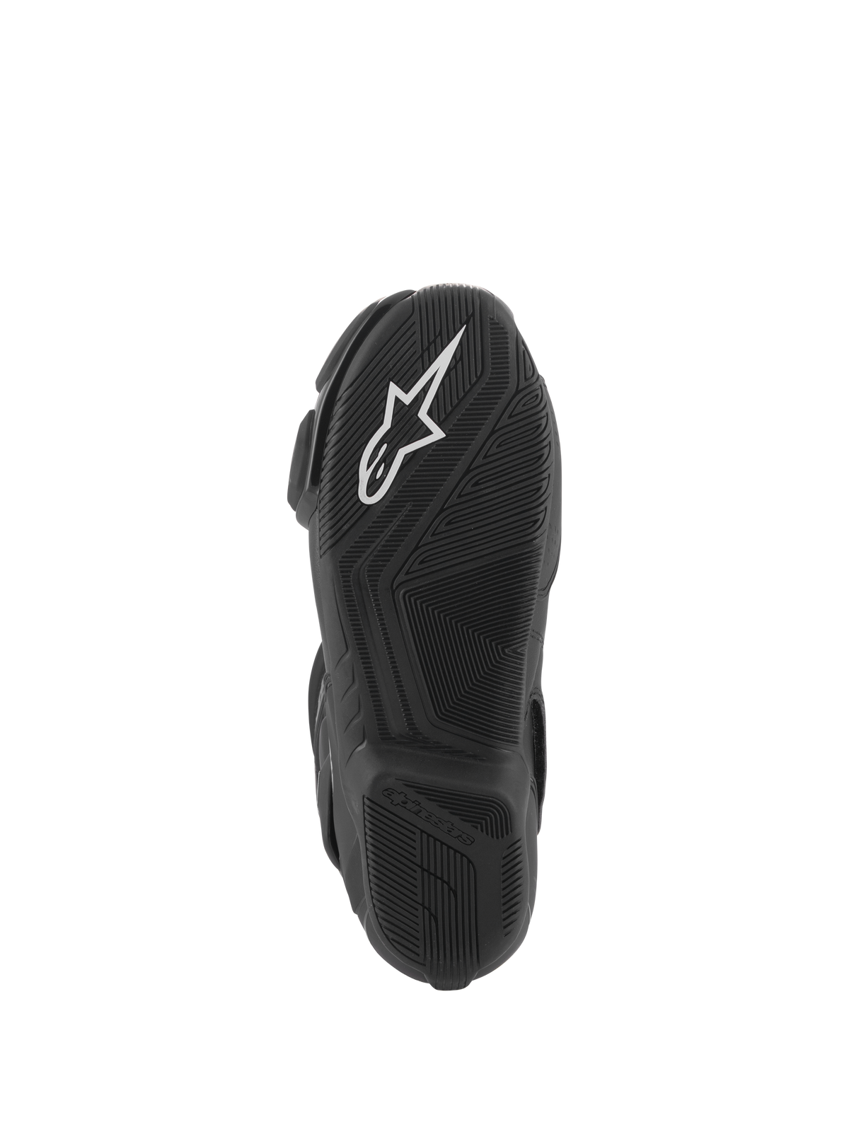 Stivali Alpinestars Stella SMX-6 V3, vista della suola, mescola di gomma leggera nera con grip testurizzato, logo Alpinestars bianco, progettati per prestazioni in pista e su strada