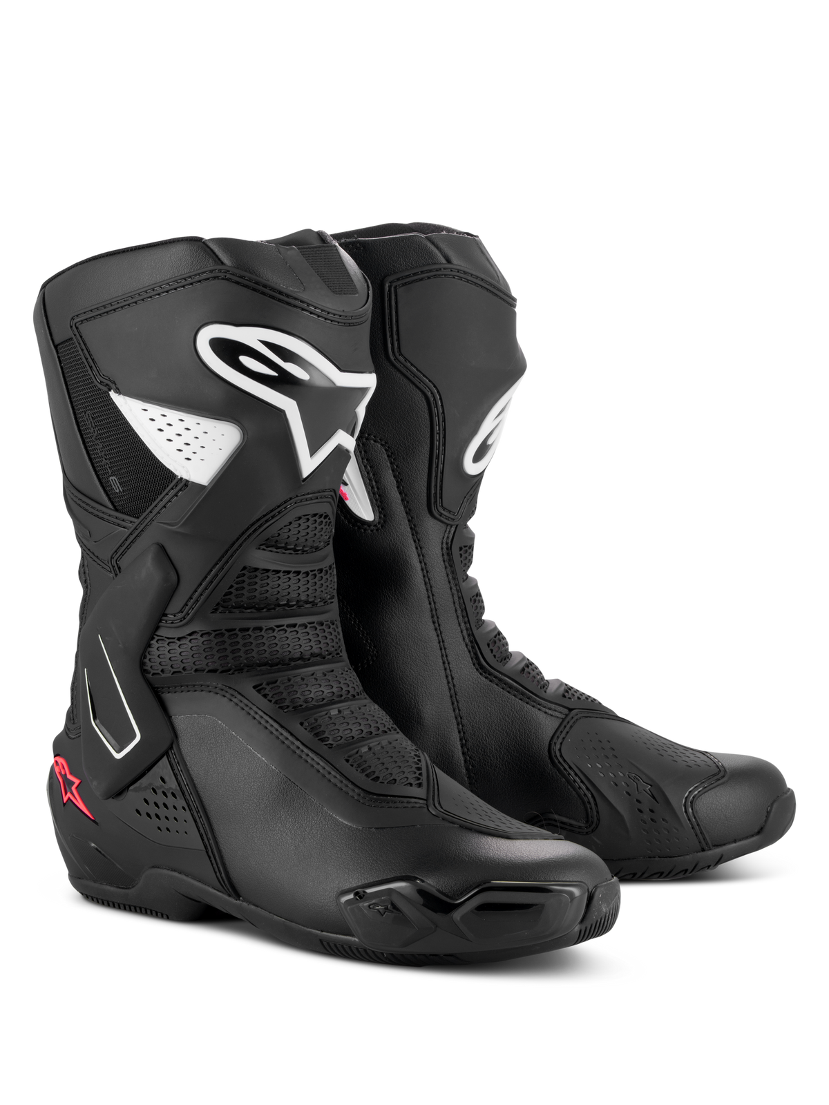 Stivali Alpinestars Stella SMX-6 V3, stivali da moto performanti da donna, nero, bianco e rosa diva, con loghi Alpinestars bianchi e dettagli a stella rosa, struttura in microfibra con protezioni in TPU per uso in pista e su strada