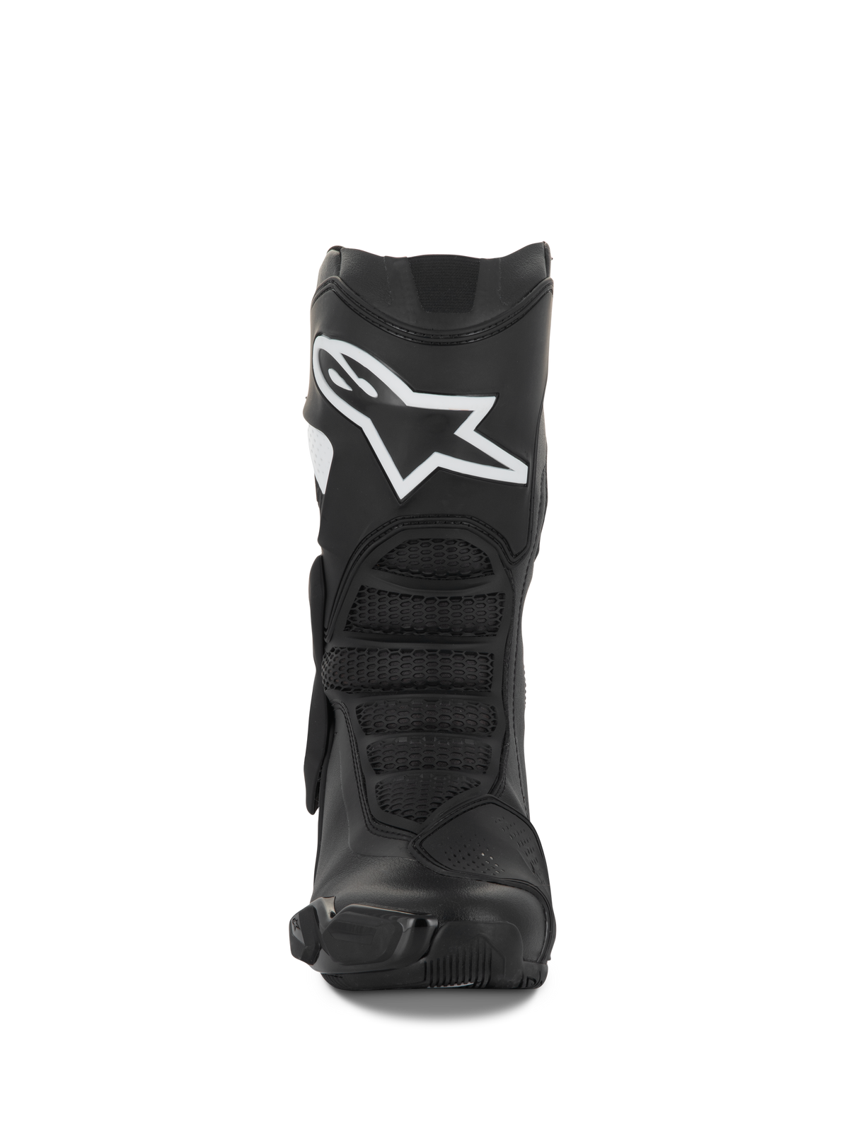 Stivali Alpinestars Stella SMX-6 V3, stivali da moto da donna, nero e bianco, vista frontale che mostra il logo Alpinestars bianco sullo stinco, protezioni in TPU e pannelli flessibili ergonomici, progettati per prestazioni in pista e su strada.