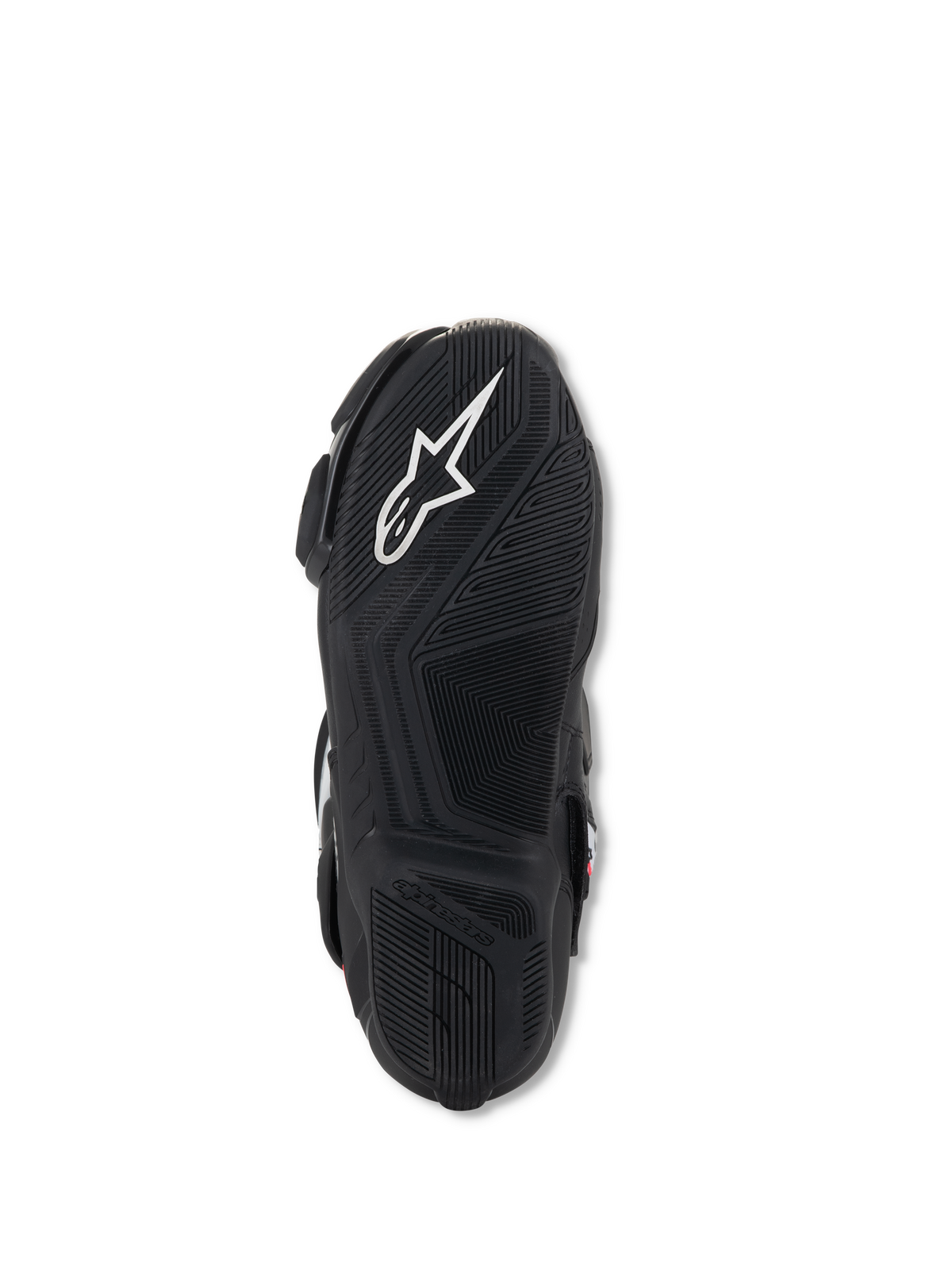 Stivali Alpinestars Stella SMX-6 V3, vista della suola, gomma leggera nera con motivi grip testurizzati, logo Alpinestars bianco e marchio in rilievo per trazione e controllo sui pedali
