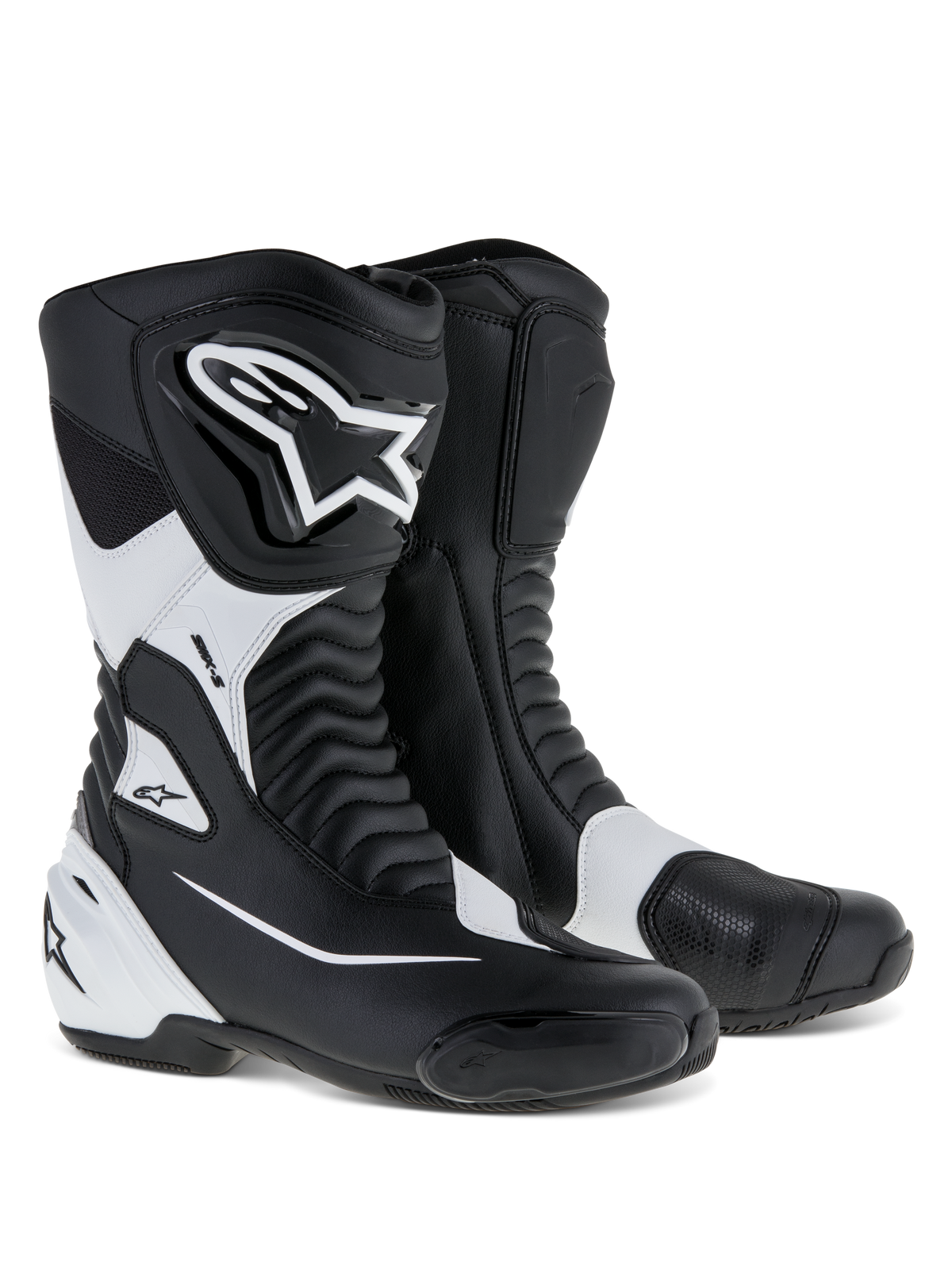 Alpinestars stivali SMX S, stivali da moto sportivi, nero e bianco, con robusta tomaia in microfibra, protezioni in PU su stinco e tallone, pannelli a soffietto e logo Alpinestars in evidenza, calzature tecniche per guida su strada