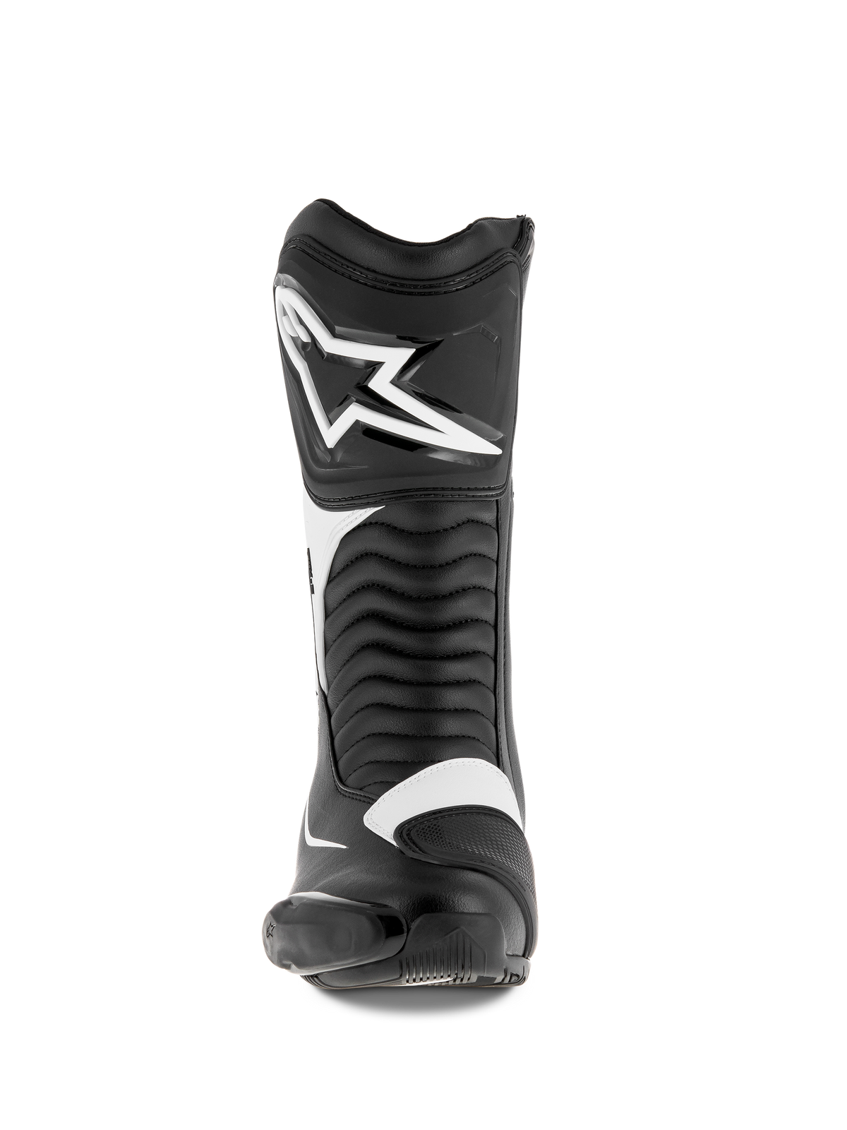 Stivali Alpinestars SMX S, stivali da moto, nero e bianco, vista frontale con un grande logo Alpinestars bianco sullo stinco, pannelli flessibili a fisarmonica e robusta costruzione in microfibra con protezioni in PU