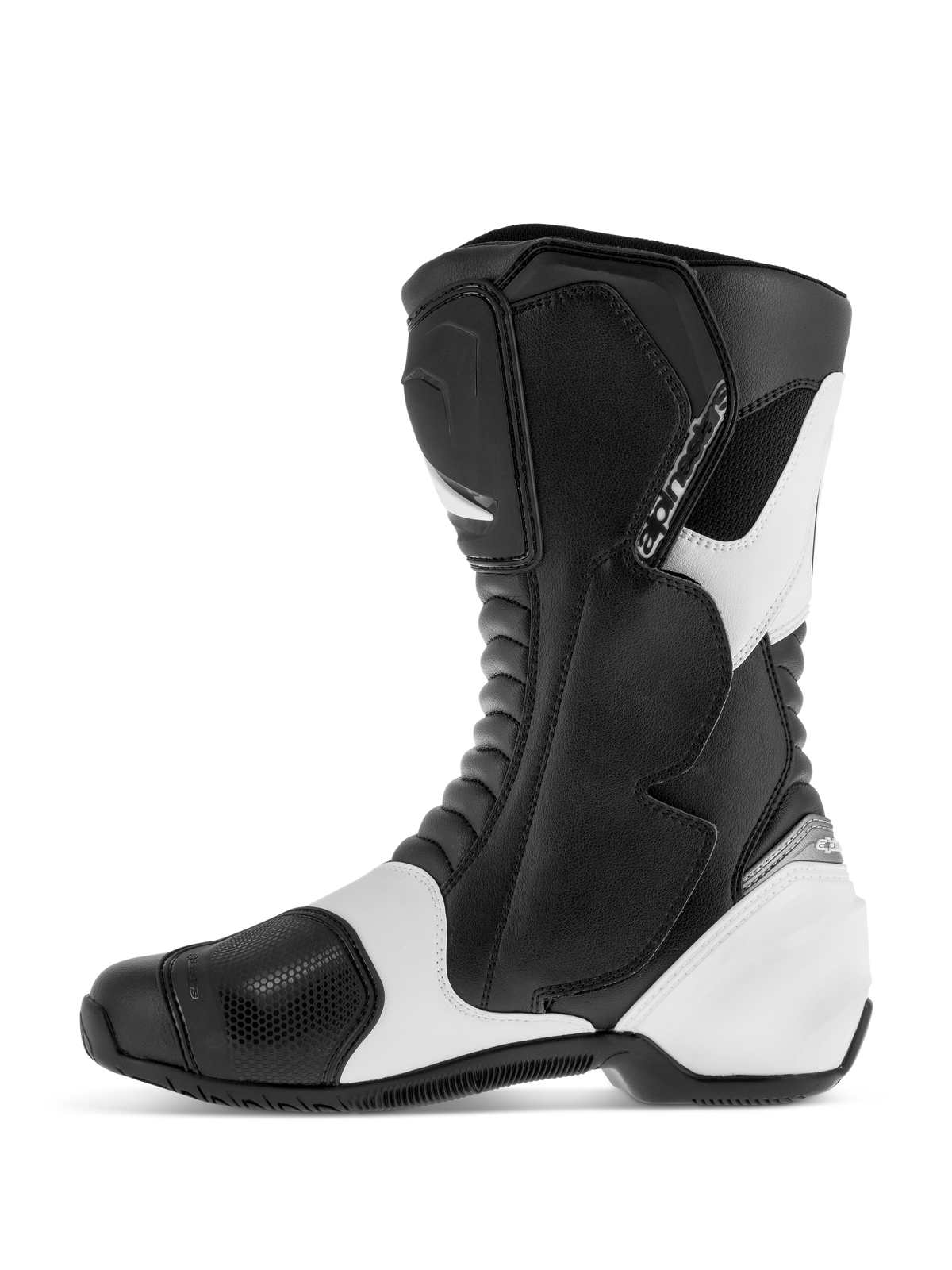 Stivali Alpinestars SMX S, stivali da moto sportivi stradali, nero e bianco, profilo laterale che mostra la tomaia in microfibra resistente con protezioni rinforzate per stinco, caviglia e tallone, pannelli con accenti bianchi e zone flessibili a fisarmonica.