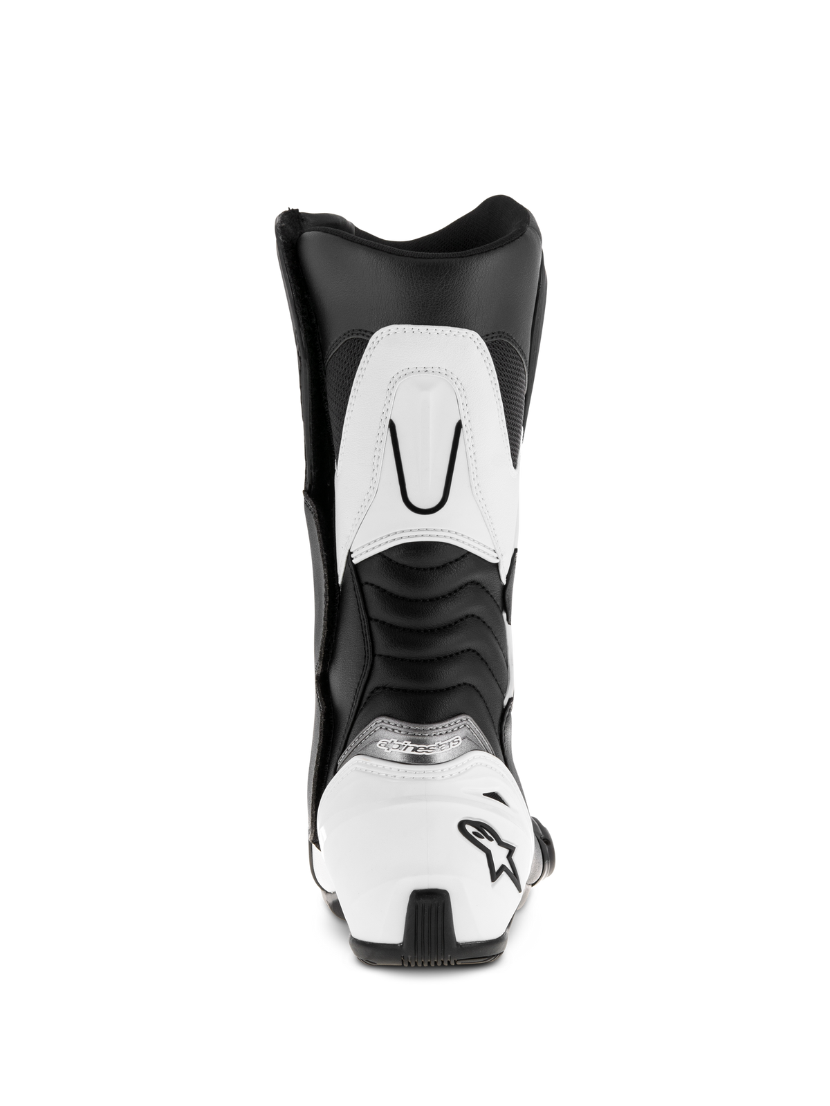 Stivali Alpinestars SMX S, nero e bianco, vista posteriore che mostra il contrafforte del tallone bianco con logo a stella nero, pannelli flessibili a fisarmonica e rinforzo superiore del polpaccio bianco, stivali da moto sportivi in microfibra resistente