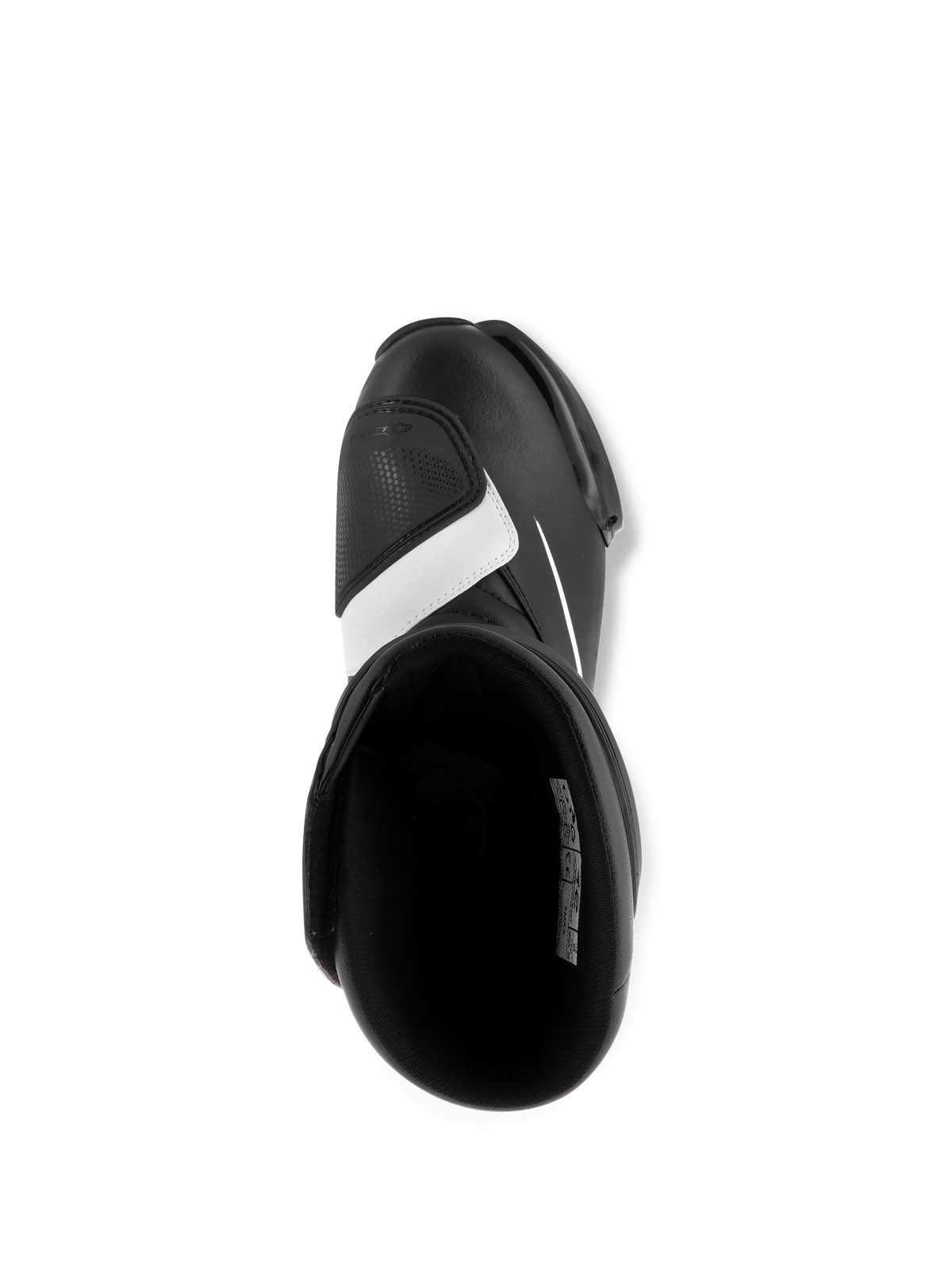 Stivali Alpinestars SMX S, nero e bianco, vista dall'alto che mostra l'interno e la protezione per il cambio sulla punta, robusta costruzione in microfibra, calzature sportive da moto
