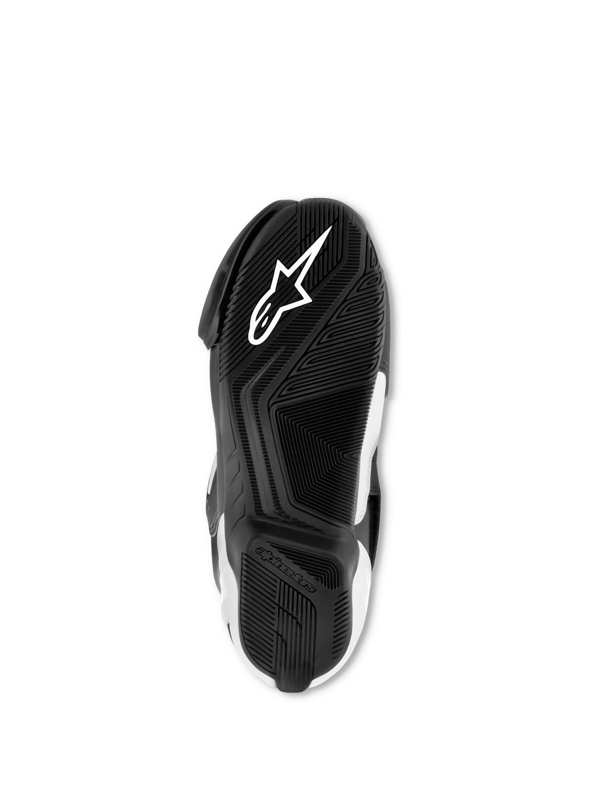 Stivali Alpinestars SMX S, nero e bianco, vista dal basso della suola in esclusiva mescola di gomma, con logo Astar bianco e motivo testurizzato per trazione e supporto.