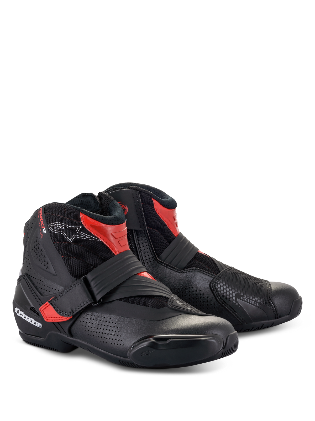 Alpinestars SMX-1 R V2 Vented Boots, stivali bassi da moto, nero e rosso, caratterizzati da microfibra perforata per la ventilazione, protezioni in TPU e chiusura a cinturino per guida sportiva su strada.