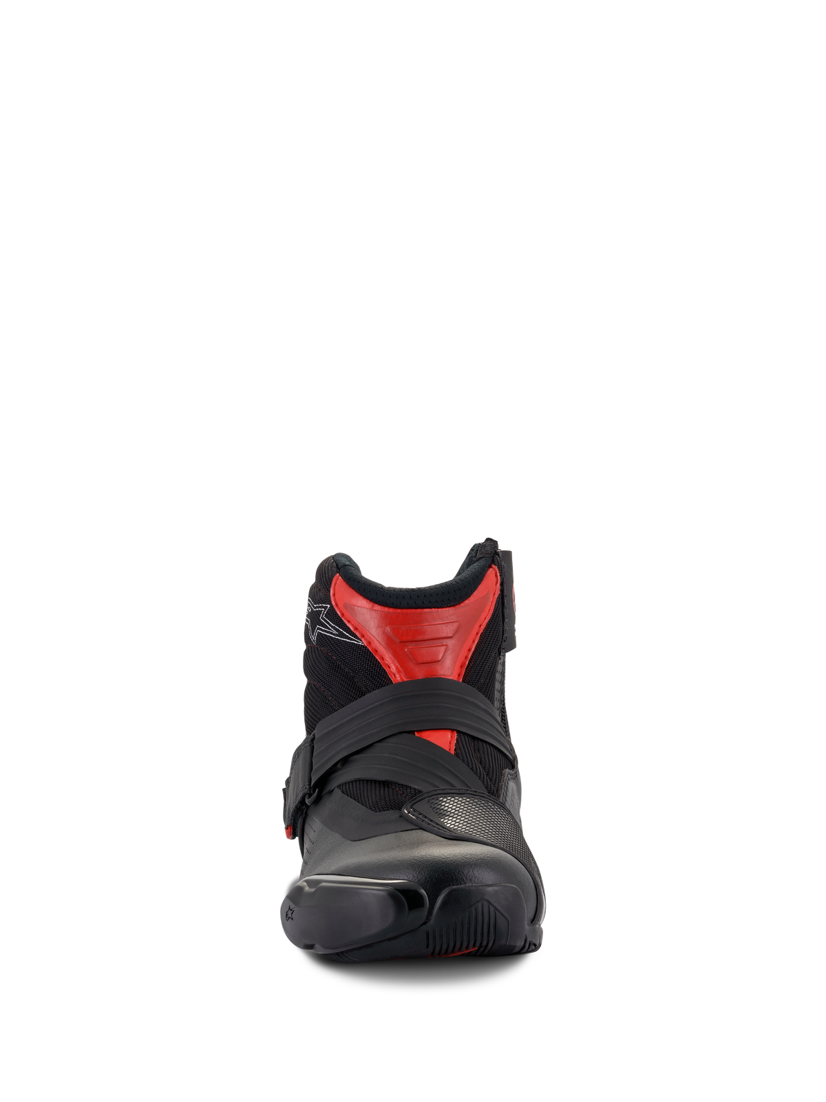 Alpinestars SMX-1 R V2 Vented Boots, stivali bassi da moto, nero e rosso, prospettiva frontale che mostra la chiusura sicura a cinturino e la tomaia in microfibra ventilata, equipaggiamento stradale ad alte prestazioni.
