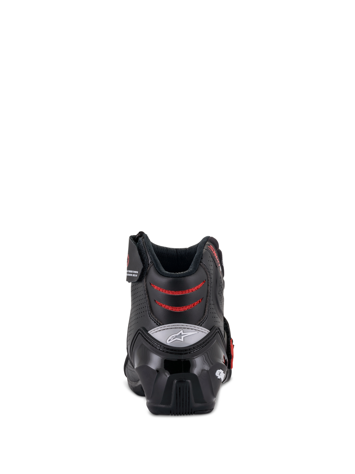 Alpinestars SMX-1 R V2 Vented Boots, stivali da moto bassi, nero e rosso, vista posteriore che mostra il contrafforte del tallone in TPU e le zone di flessione in mesh rosso, calzature tecniche per la guida su strada e sportiva