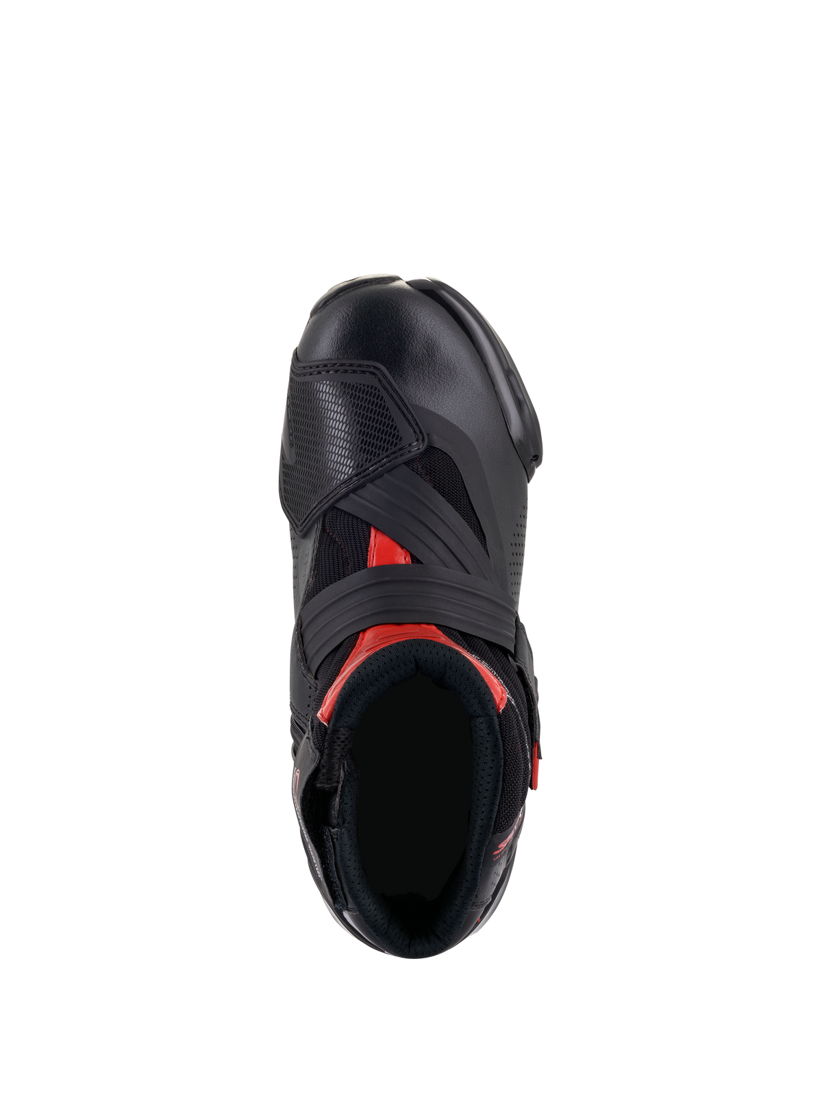 Stivali Alpinestars SMX-1 R V2 Vented, nero e rosso, vista dall'alto che mostra l'apertura del piede e la costruzione della tomaia, con microfibra perforata, accenti rossi e un ampio cinturino in Velcro sul collo del piede.