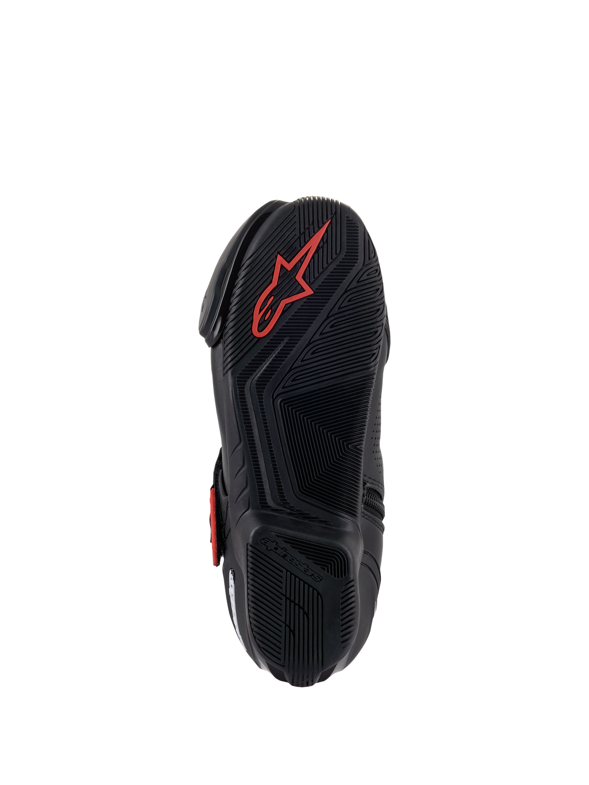 Alpinestars SMX-1 R V2 Ventilati, scarpa da moto, nero e rosso, vista dal basso della suola in mescola di gomma con motivi di aderenza testurizzati e logo Astars rosso