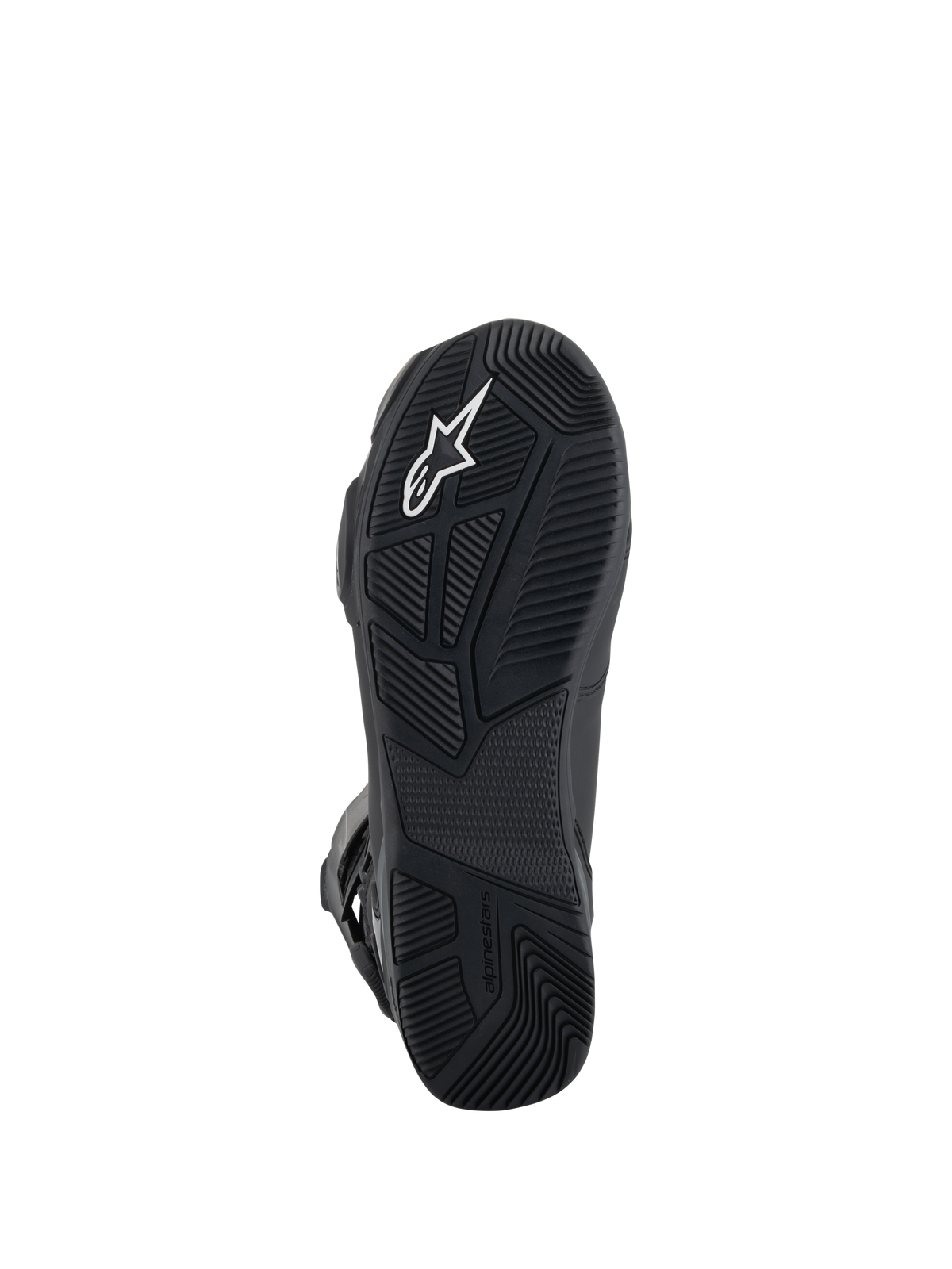 Alpinestars SP-X BOA® Drystar® Boots, stivali da moto, vista dal basso della suola in gomma nera con motivi di grip testurizzati, logo Astar bianco e marchio in rilievo per trazione e stabilità