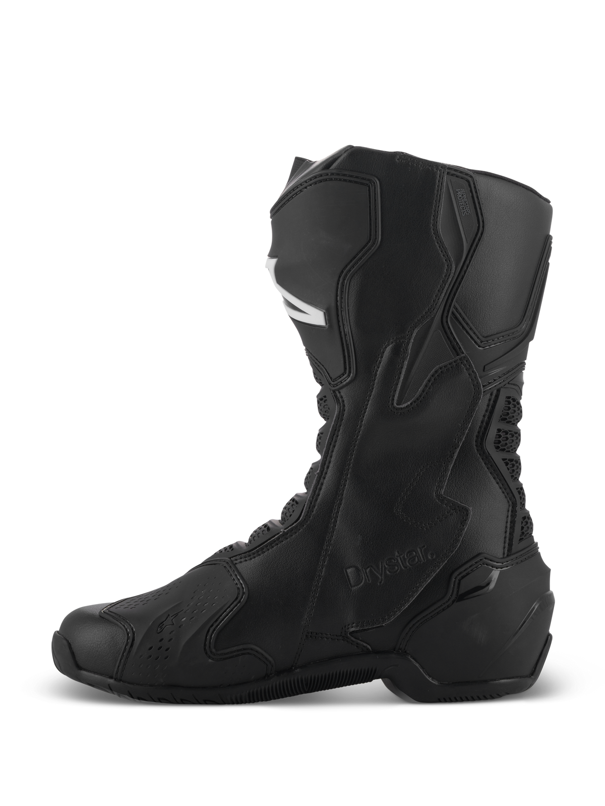 Stivali Alpinestars SMX-6 V3 Drystar®, stivali da moto performanti neri, profilo laterale che mostra la costruzione in microfibra a taglio alto, pannelli protettivi in TPU e marchio Drystar