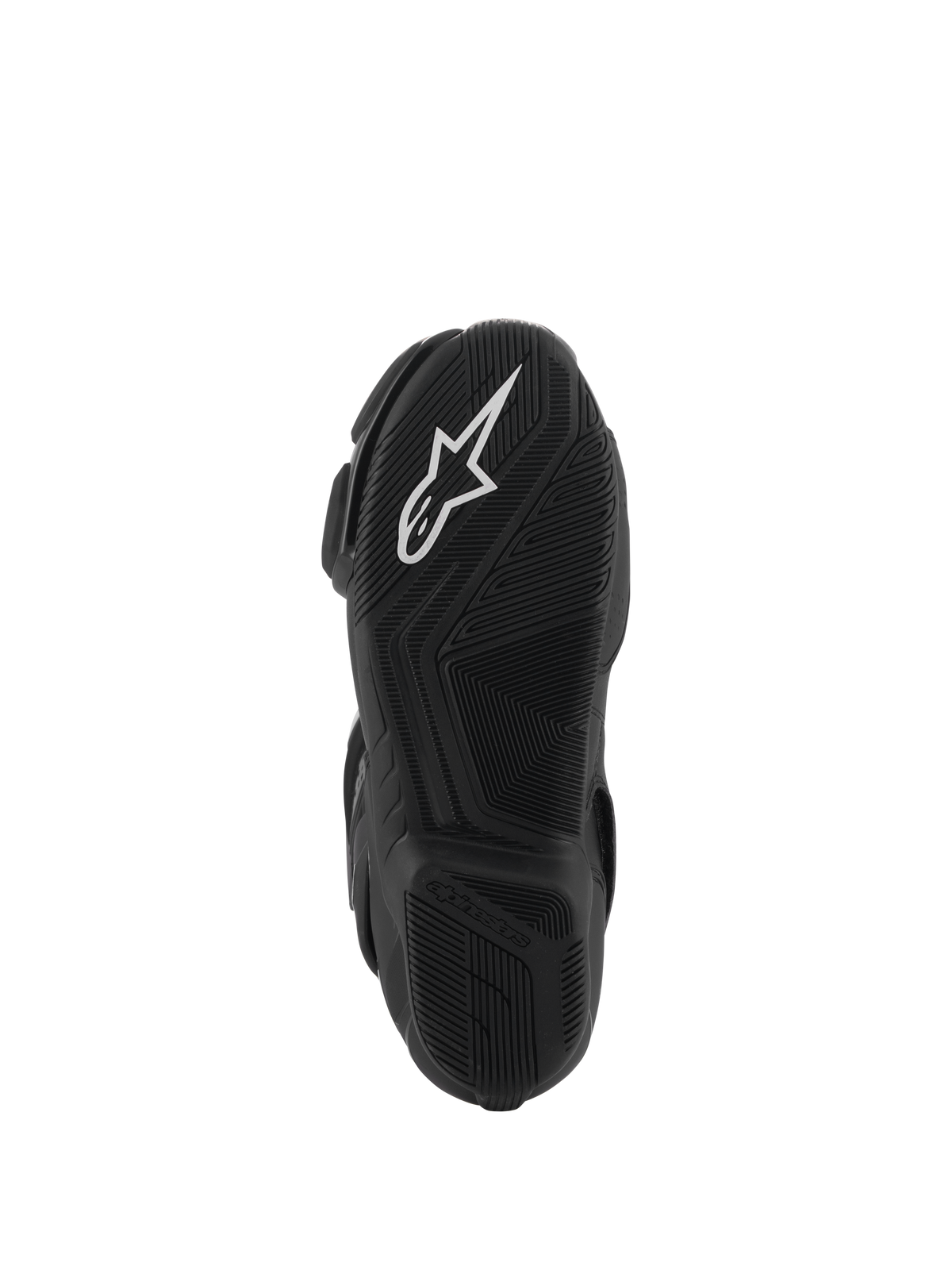 Stivali Alpinestars SMX-6 V3 Drystar®, vista della suola in gomma nera con logo A-star bianco sul battistrada anteriore e marchio Alpinestars in rilievo sul tallone, trama testurizzata complessa per grip e prestazioni