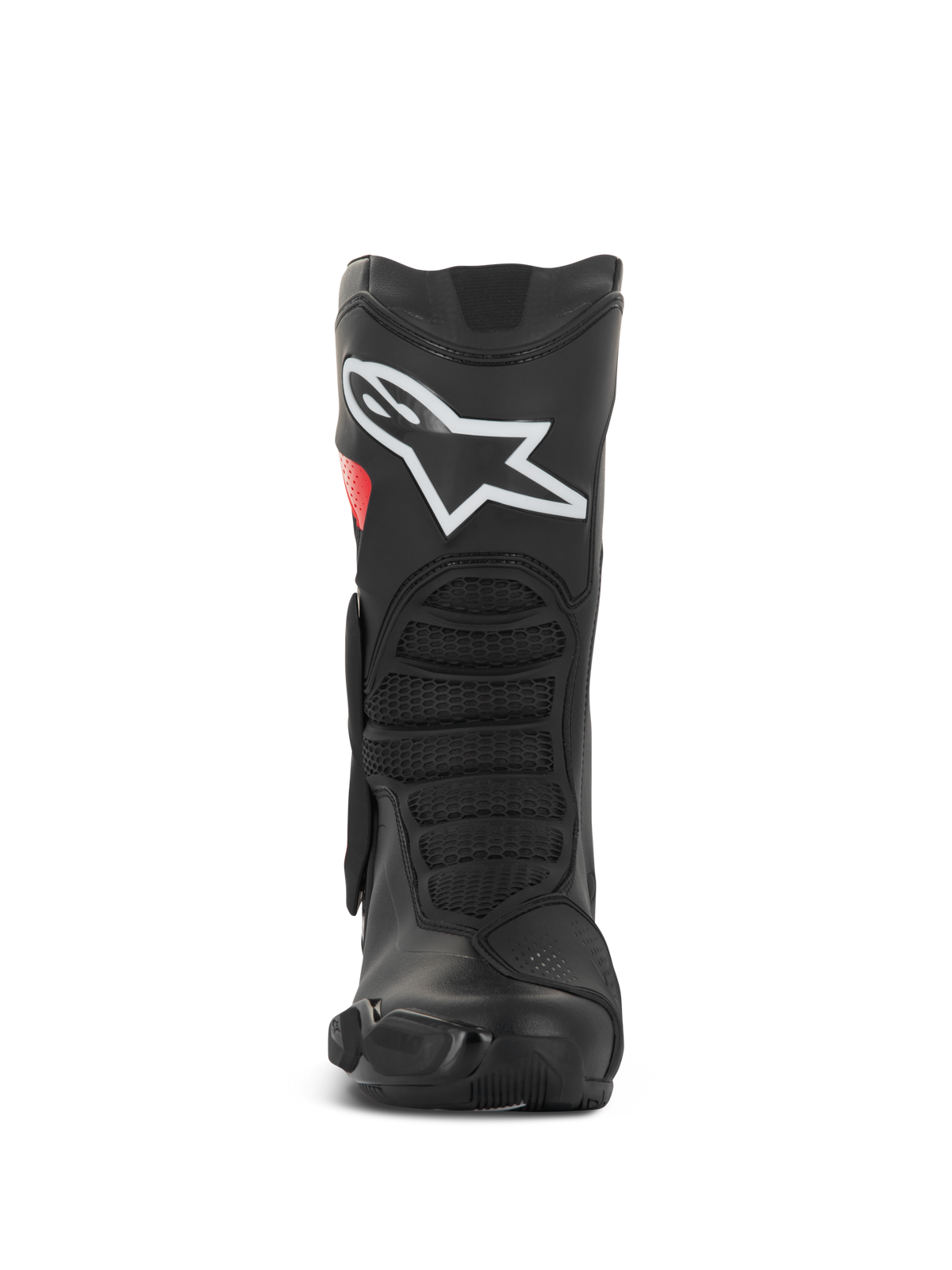 Stivali Alpinestars SMX-6 V3 Drystar®, stivali tecnici da moto, nero e rosso, vista frontale con grande logo bianco sullo stinco, zone di flessione anteriori testurizzate e design protettivo e filante