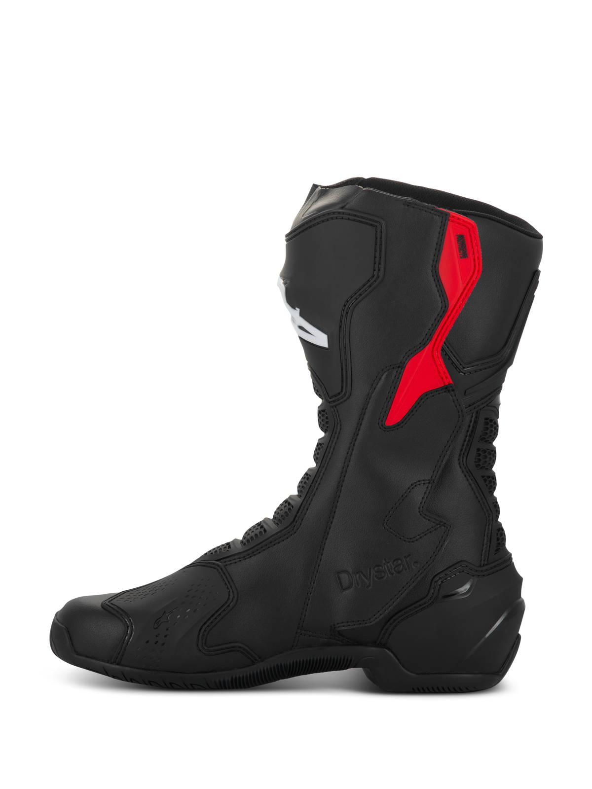 Stivali Alpinestars SMX-6 V3 Drystar, stivali da moto performanti, nero e rosso, con protezione superiore del polpaccio in TPU rosso, logo Drystar in rilievo e struttura in microfibra, vista laterale