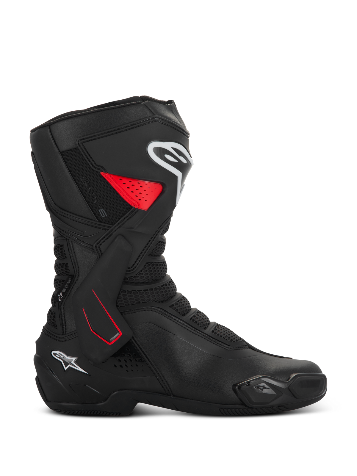 Alpinestars SMX-6 V3 Drystar, stivali da moto sportivi, nero con accenti rossi e bianchi, vista di profilo, costruzione in microfibra impermeabile, tutore laterale della caviglia in TPU con dettagli rossi, loghi bianchi su stinco e tallone, slider integrato e zone di flessione in mesh