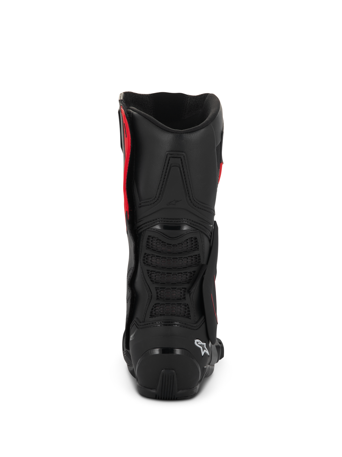 Stivali Alpinestars SMX-6 V3 Drystar®, nero e rosso, vista posteriore che mostra il contrafforte del tallone in TPU e la protezione del polpaccio, calzature da moto ad alte prestazioni con costruzione in microfibra impermeabile