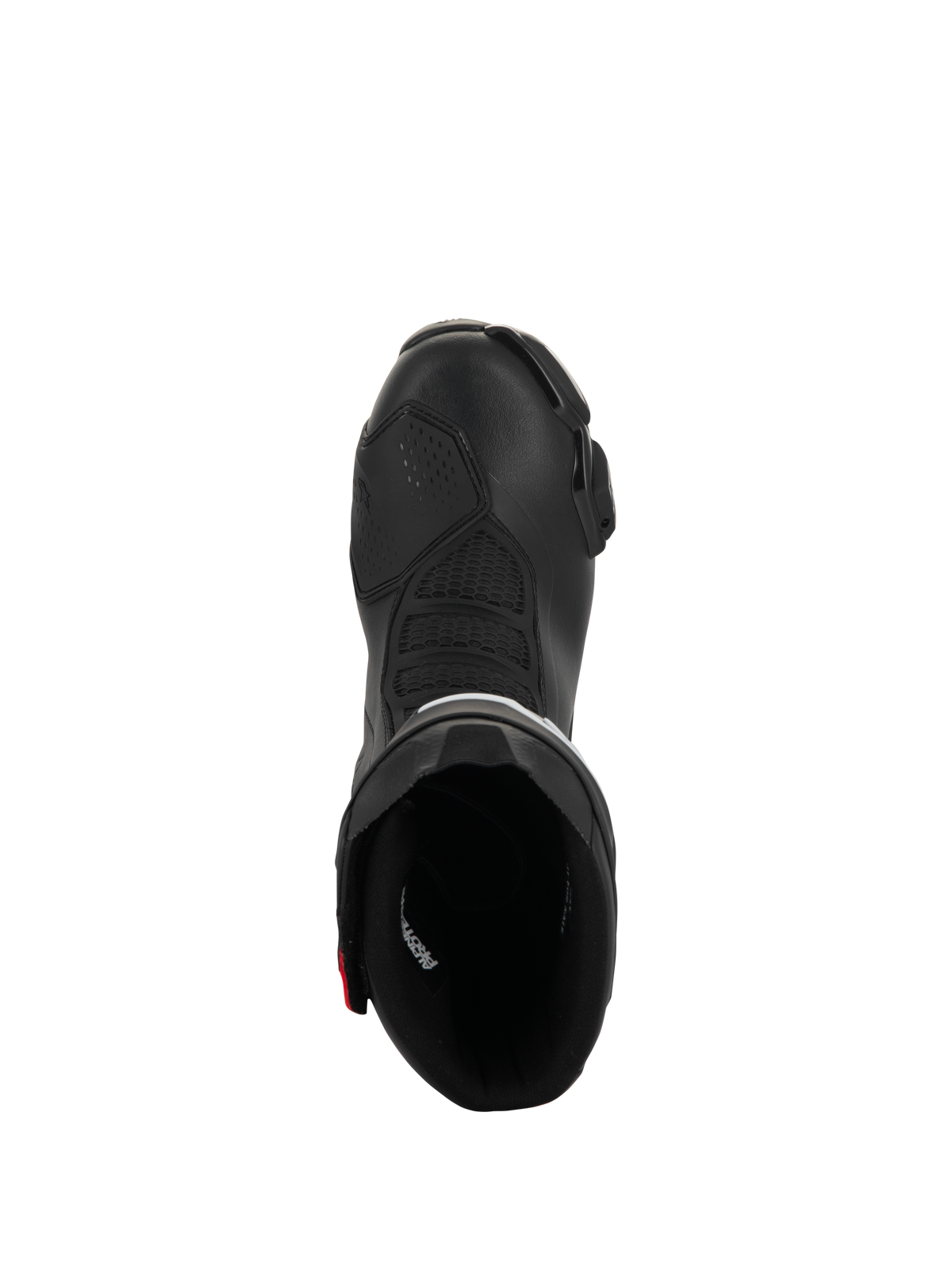 Stivali Alpinestars SMX-6 V3 Drystar, stivali da moto performanti, nero con accenti rossi, vista dall'alto dell'apertura dello stivale, con zone di flessione testurizzate e costruzione in microfibra