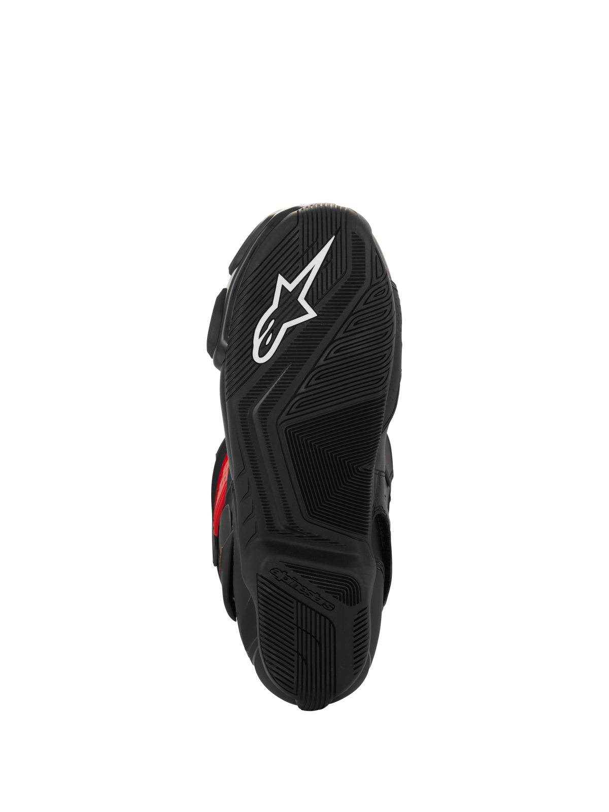 Stivali Alpinestars SMX-6 V3 Drystar®, vista della suola, gomma nera testurizzata per il grip, con logo a stella bianco e marchio Alpinestars in rilievo, calzature da moto ad alte prestazioni.