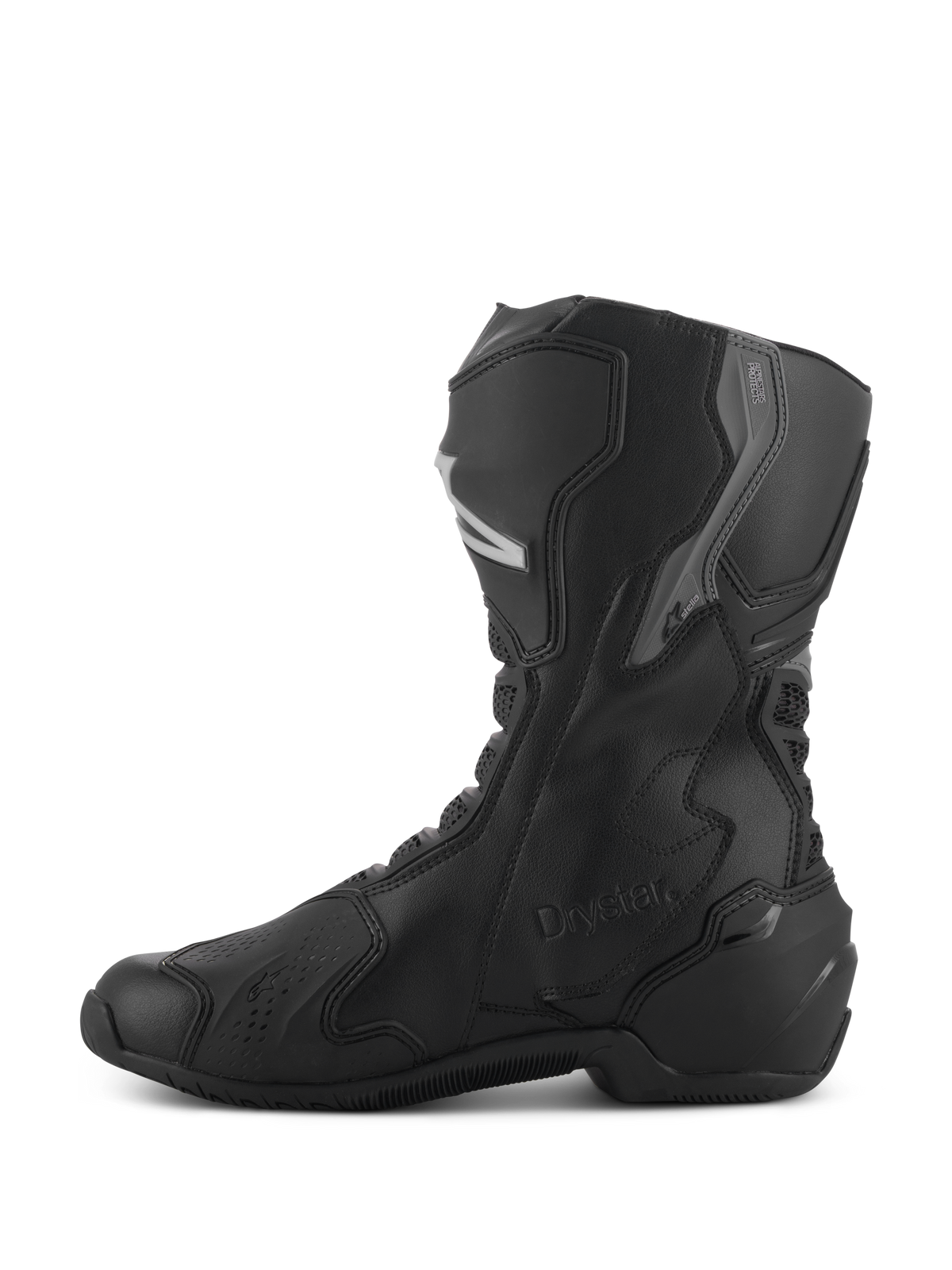 Alpinestars Stivali Stella SMX-6 V3 Drystar®, stivali da moto impermeabili da donna, nero e argento, vista laterale con protezioni per stinco e caviglia in TPU, logo Drystar in rilievo, costruzione in microfibra resistente per guida sportiva e stradale.