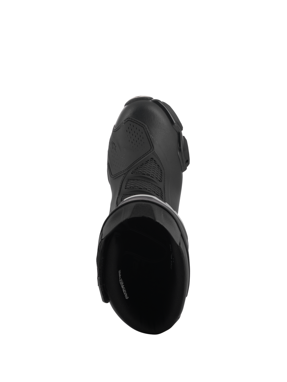Stivali Alpinestars Stella SMX-6 V3 Drystar®, stivali da moto da donna ad alte prestazioni, nero, vista dall'alto che mostra l'apertura interna imbottita e la tomaia in microfibra testurizzata con paraleva protettivo
