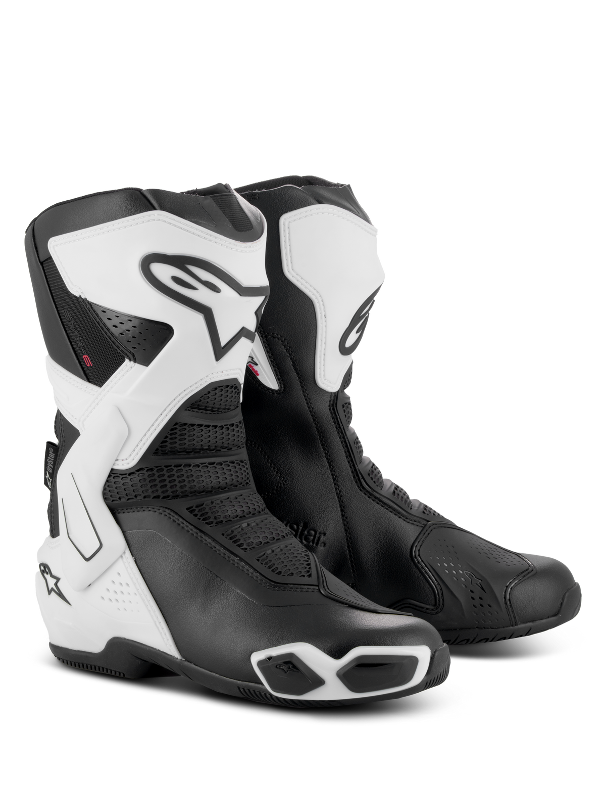 Stivali Alpinestars Stella SMX-6 V3 Drystar®, stivali da moto performanti da donna, bianco e nero, dotati di placche parastinchi protettive in TPU, supporti laterali per la caviglia e slider integrati, design sportivo con logo Alpinestars e inserti in mesh