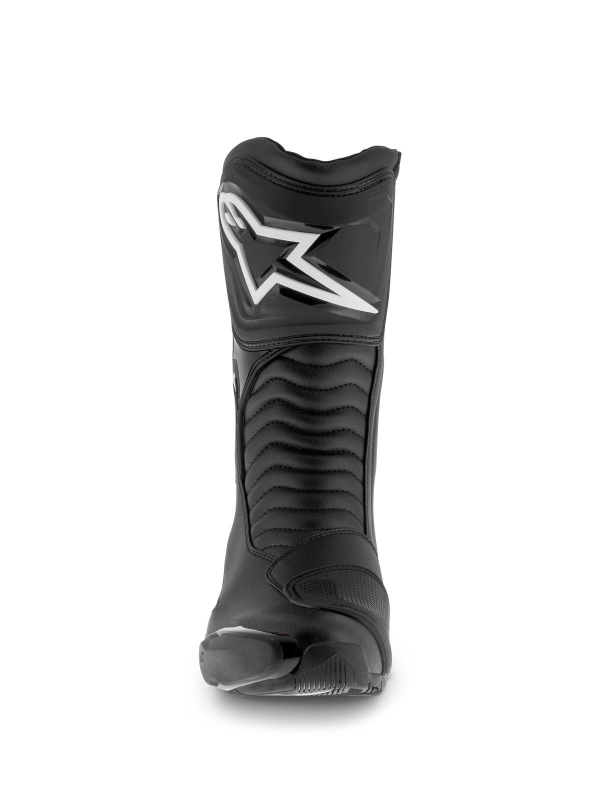 Stivali Alpinestars SMX S Waterproof, stivali da moto, nero, vista frontale con logo Astar bianco sulla placca tibiale, pannelli flessibili a fisarmonica e struttura in microfibra resistente per lo sport-touring