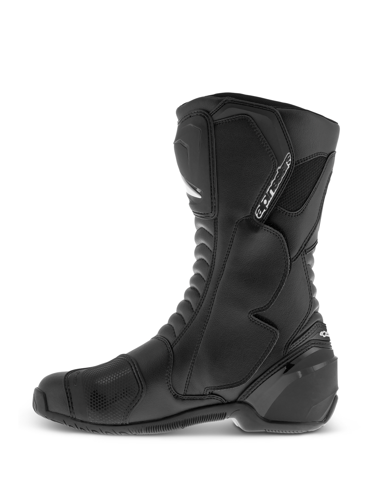 Alpinestars SMX S Waterproof Boots, stivali da moto neri a taglio alto con tomaia in microfibra resistente, protezioni per stinco e caviglia in TPU e zona cambio testurizzata, vista laterale.