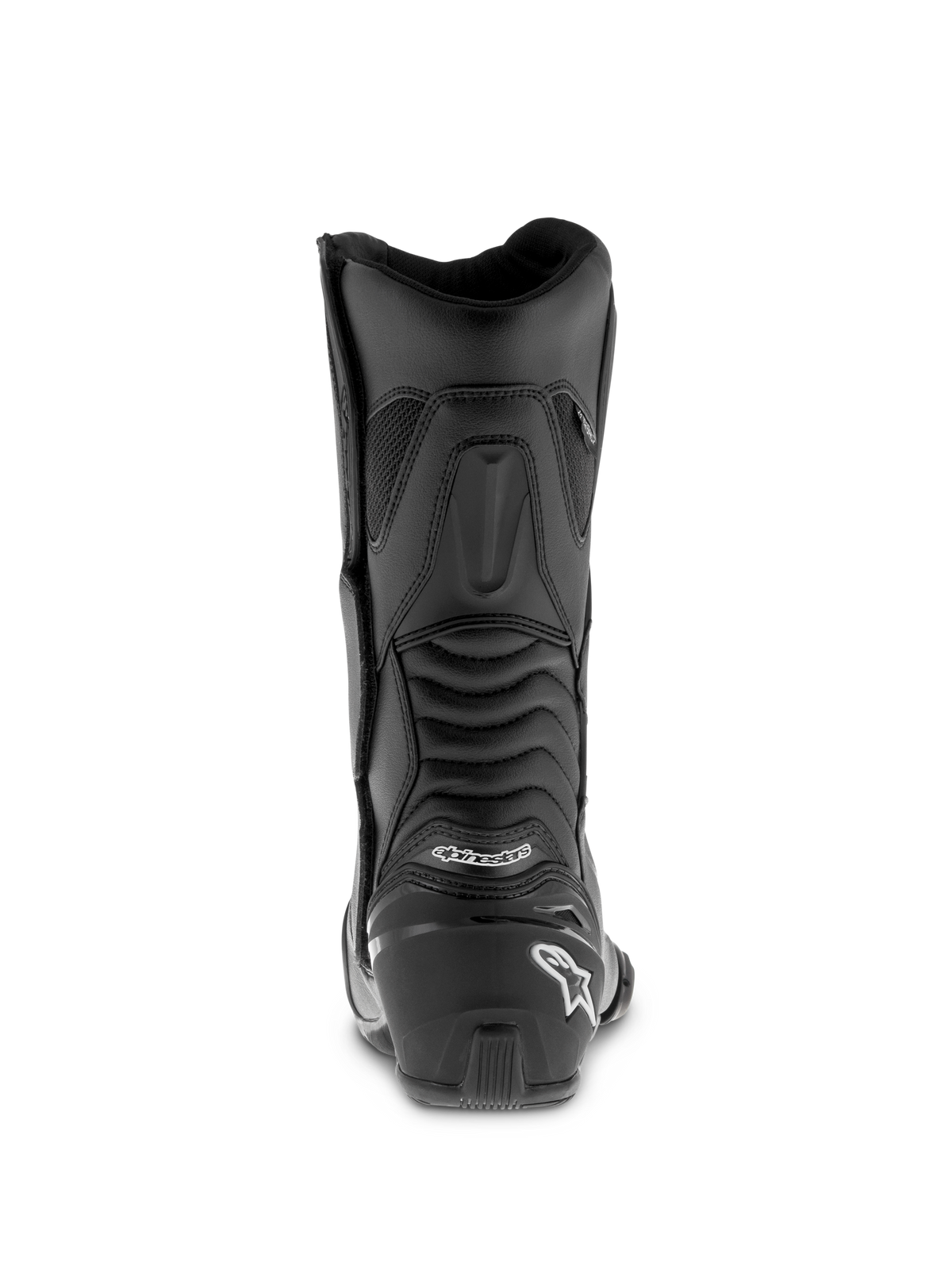 Stivali Alpinestars SMX S Waterproof, stivali da moto neri, profilo posteriore con tallone rinforzato e logo bianco, pannelli a fisarmonica per la mobilità della caviglia, robusta struttura in microfibra per lo sport-touring.