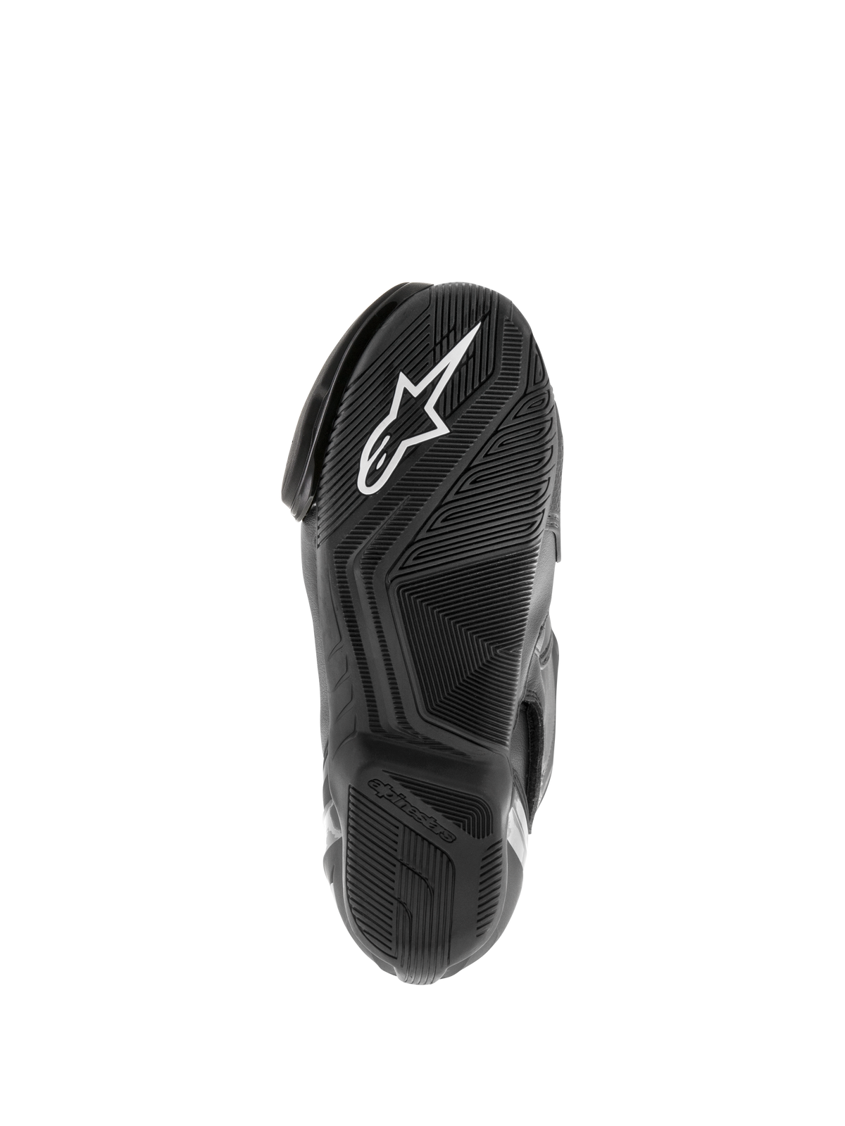Stivali Alpinestars SMX S Waterproof, stivali da moto, nero, vista della suola in gomma testurizzata con logo Astar bianco e battistrada con disegno per la dispersione dell'acqua