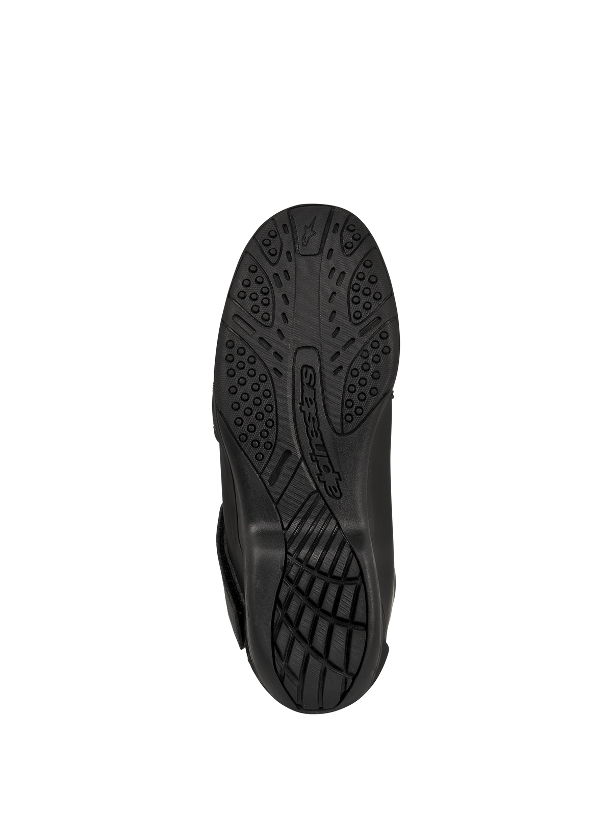 Stivali Alpinestars New Land GORE-TEX, nero, vista dal basso della suola in mescola di gomma vulcanizzata, battistrada testurizzato per aderenza e trazione, con logo Alpinestars in rilievo, calzature da moto road-touring