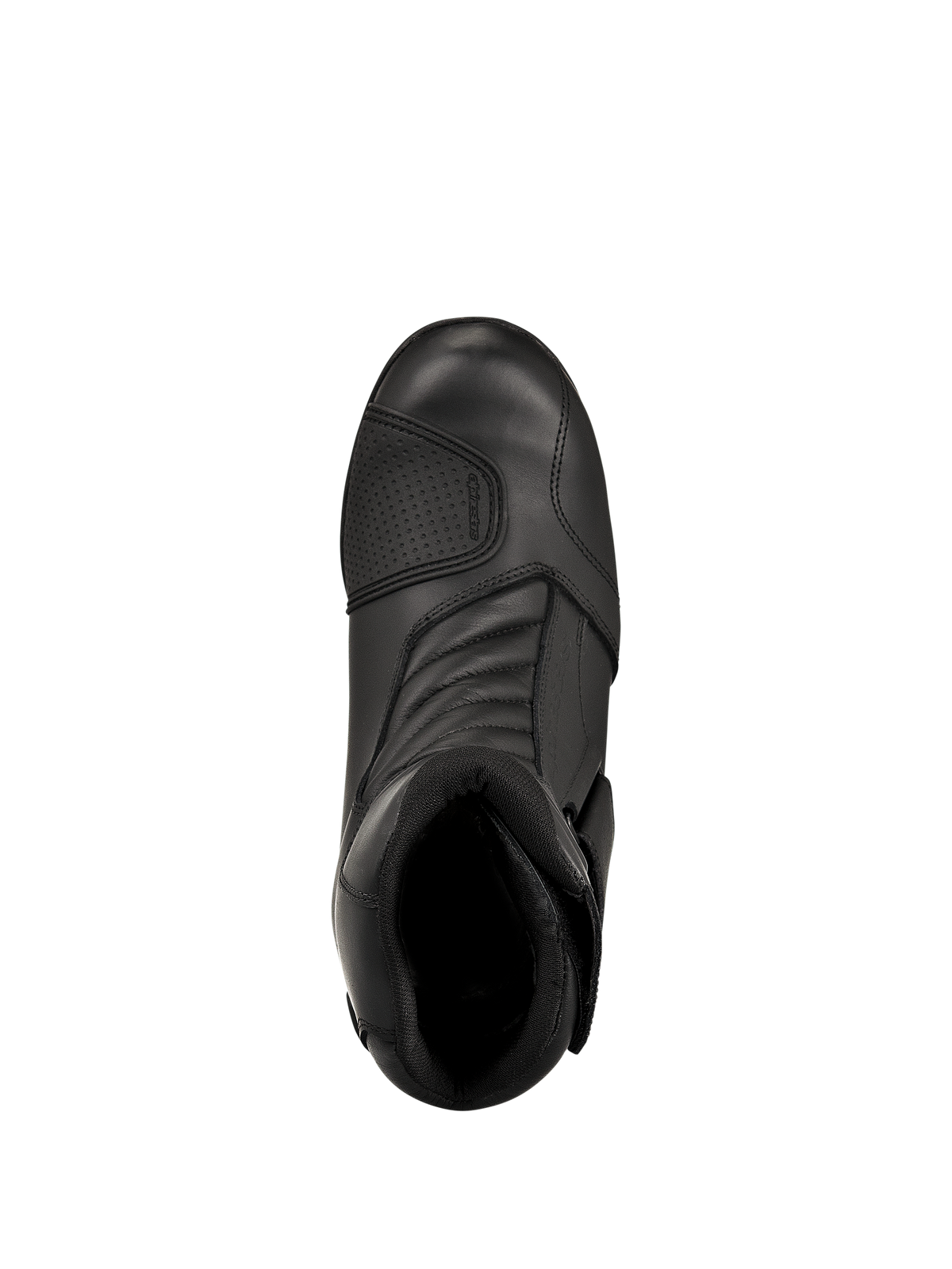 Stivali Alpinestars New Land GORE-TEX, nero, vista dall'alto, con costruzione in pelle pieno fiore, zone di flessione a soffietto anteriori e paracolpi rinforzato, stivali da moto road touring impermeabili di media altezza