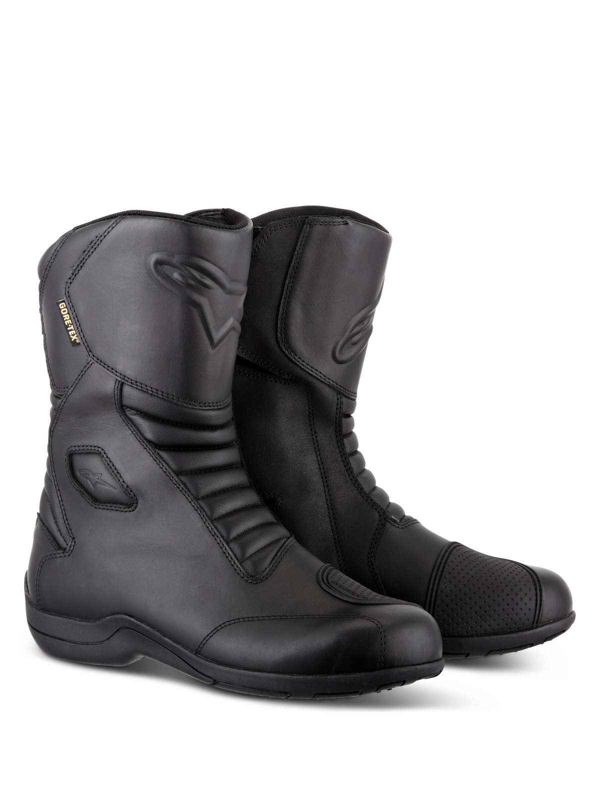 Stivali Alpinestars Web GORE-TEX, stivali da moto touring impermeabili neri, costruzione in pelle con zone di flessione a soffietto anteriori e posteriori, paraleva rinforzato e design con ingresso laterale per la guida su strada.
