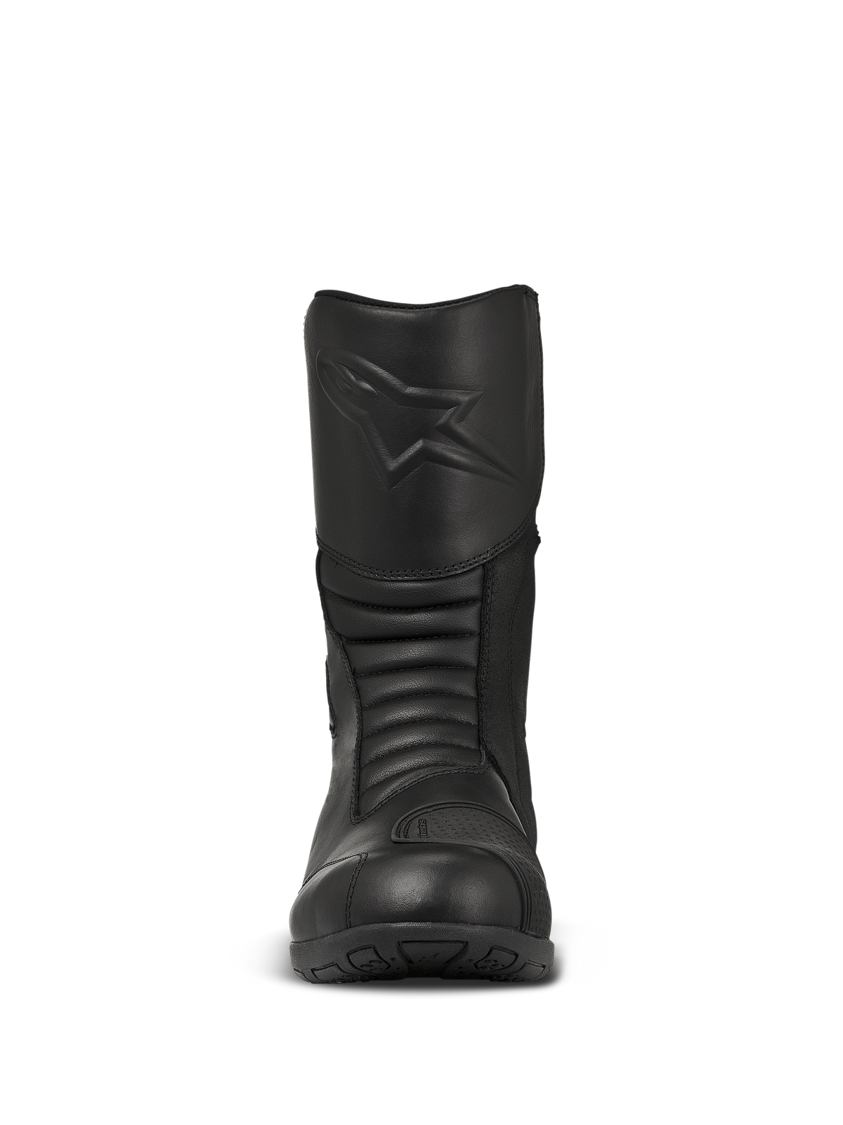 Alpinestars Web GORE-TEX Boots, stivali da moto touring neri, vista frontale con logo a stella goffrato sullo stinco, zone di flessione a fisarmonica per la manovrabilità e costruzione in pelle resistente