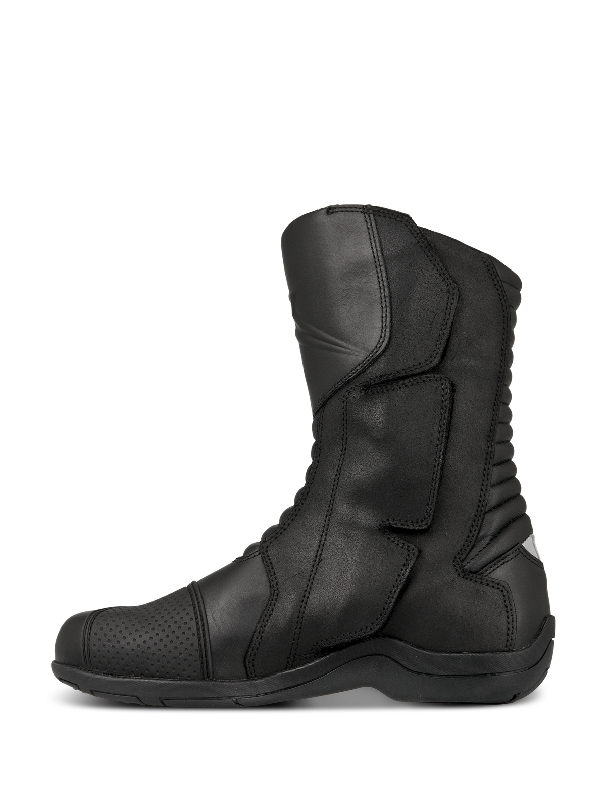 Alpinestars Web GORE-TEX Boots, stivali da moto touring, nero, vista di profilo laterale che mostra la costruzione in pelle, sistema di ingresso laterale con ampia patta di chiusura e zone di flessione a soffietto posteriori per la manovrabilità