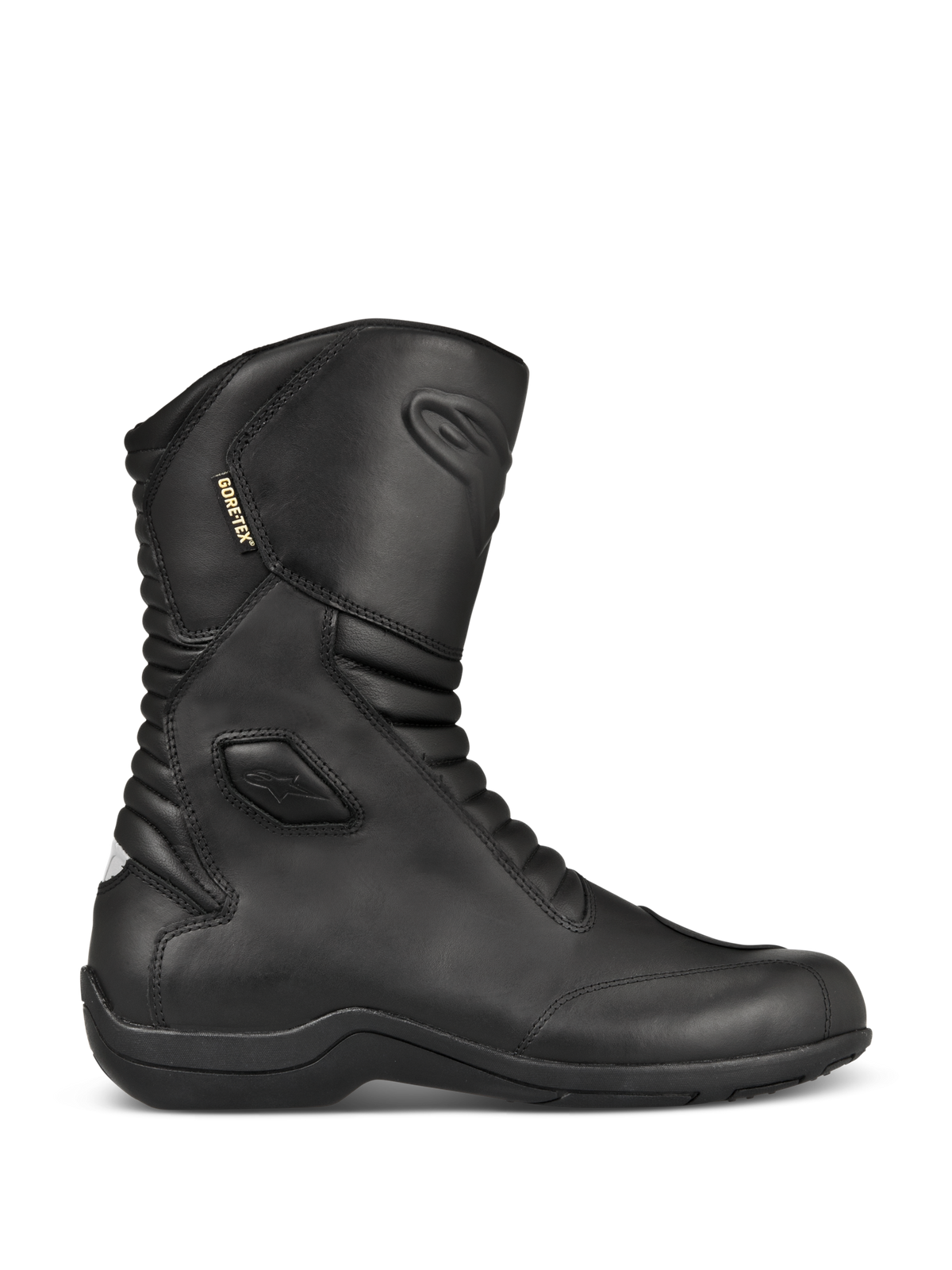 Stivali Alpinestars Web GORE-TEX, stivali da moto touring in pelle nera, vista laterale, fodera in GORE-TEX impermeabile, protezioni rinforzate per caviglia e punta, pannelli a soffietto anteriori e posteriori, suola in gomma resistente, elegante equipaggiamento stradale per tutte le stagioni